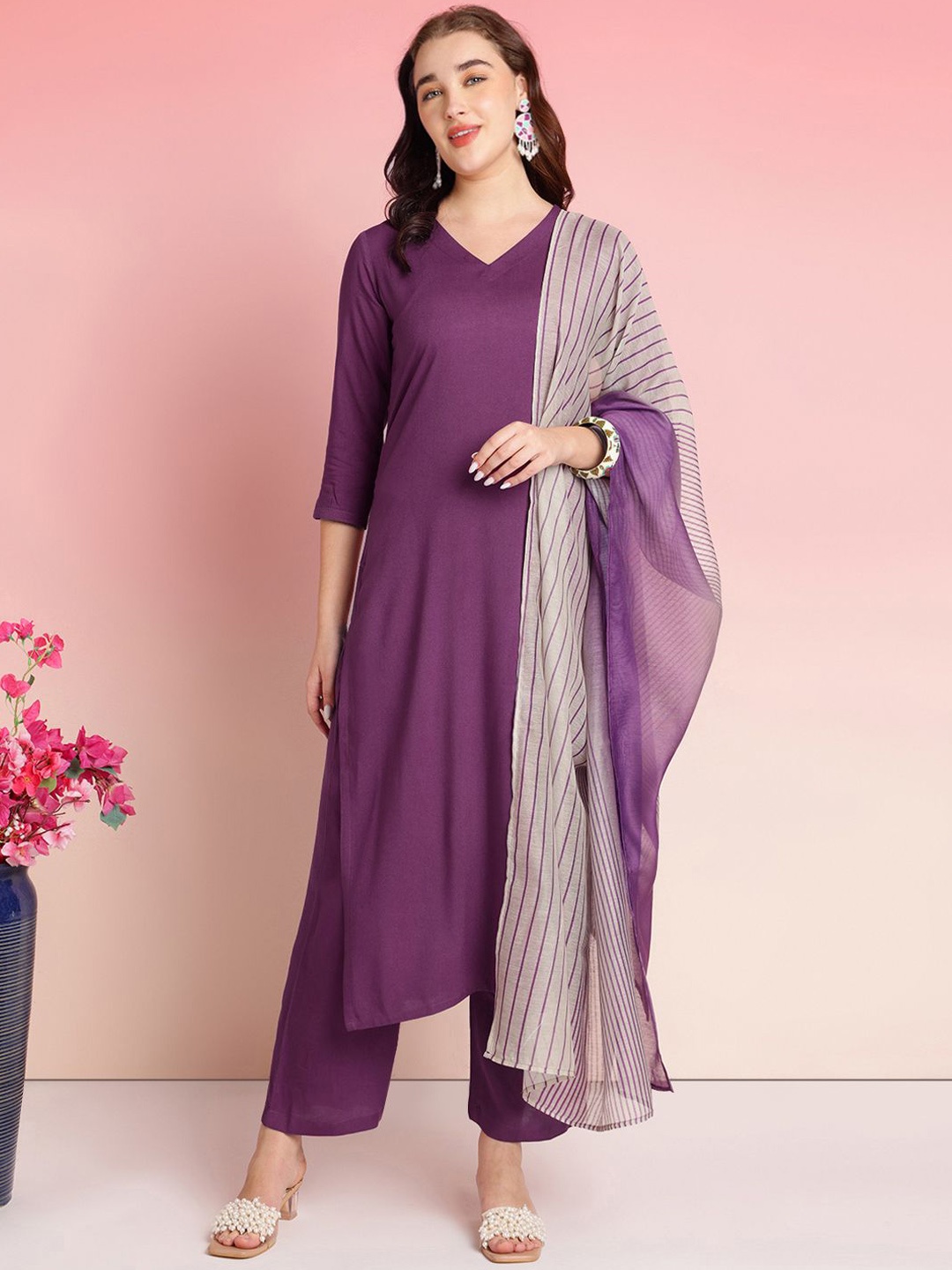 

KALINI V-Neck Straight Kurta with Trousers & Dupatta, Magenta