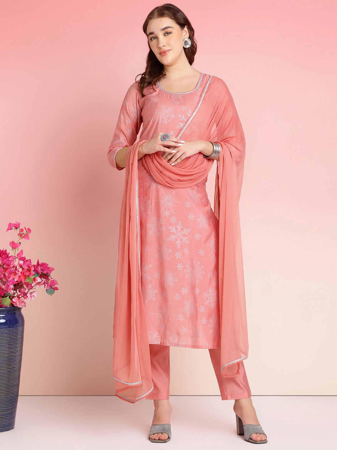 

KALINI Round Neck Floral Printed Straight Kurta with Trousers & Dupatta, Peach