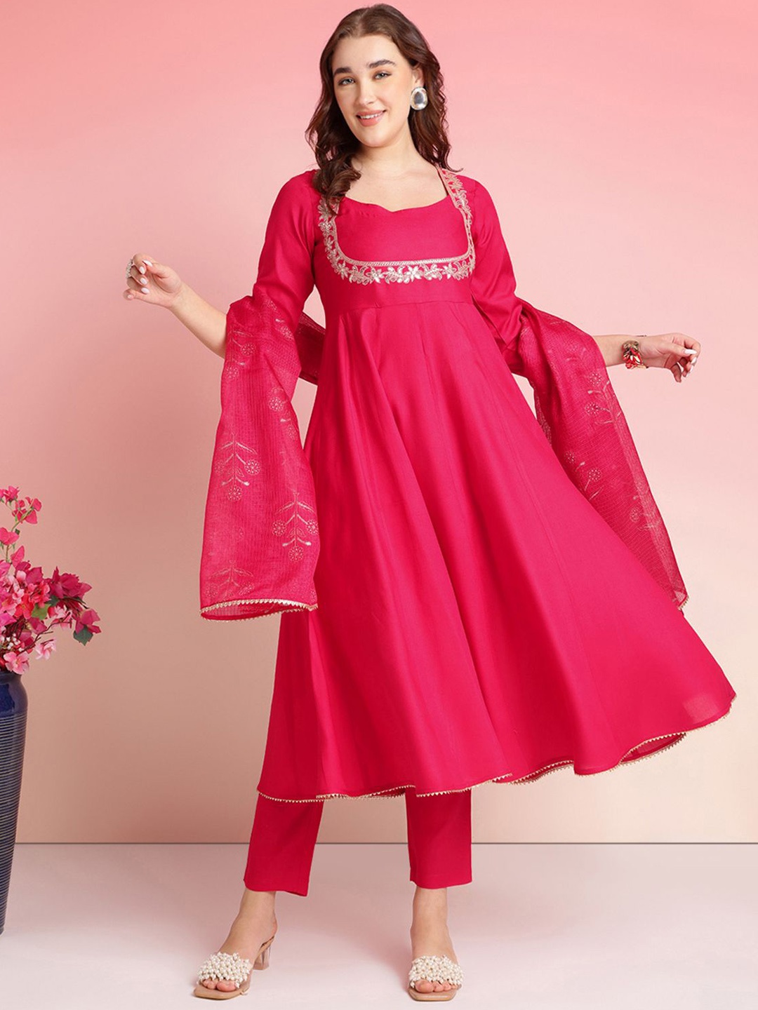 

KALINI Floral Yoke Design Sequinned Anarkali Kurta With Trousers & Dupatta, Pink