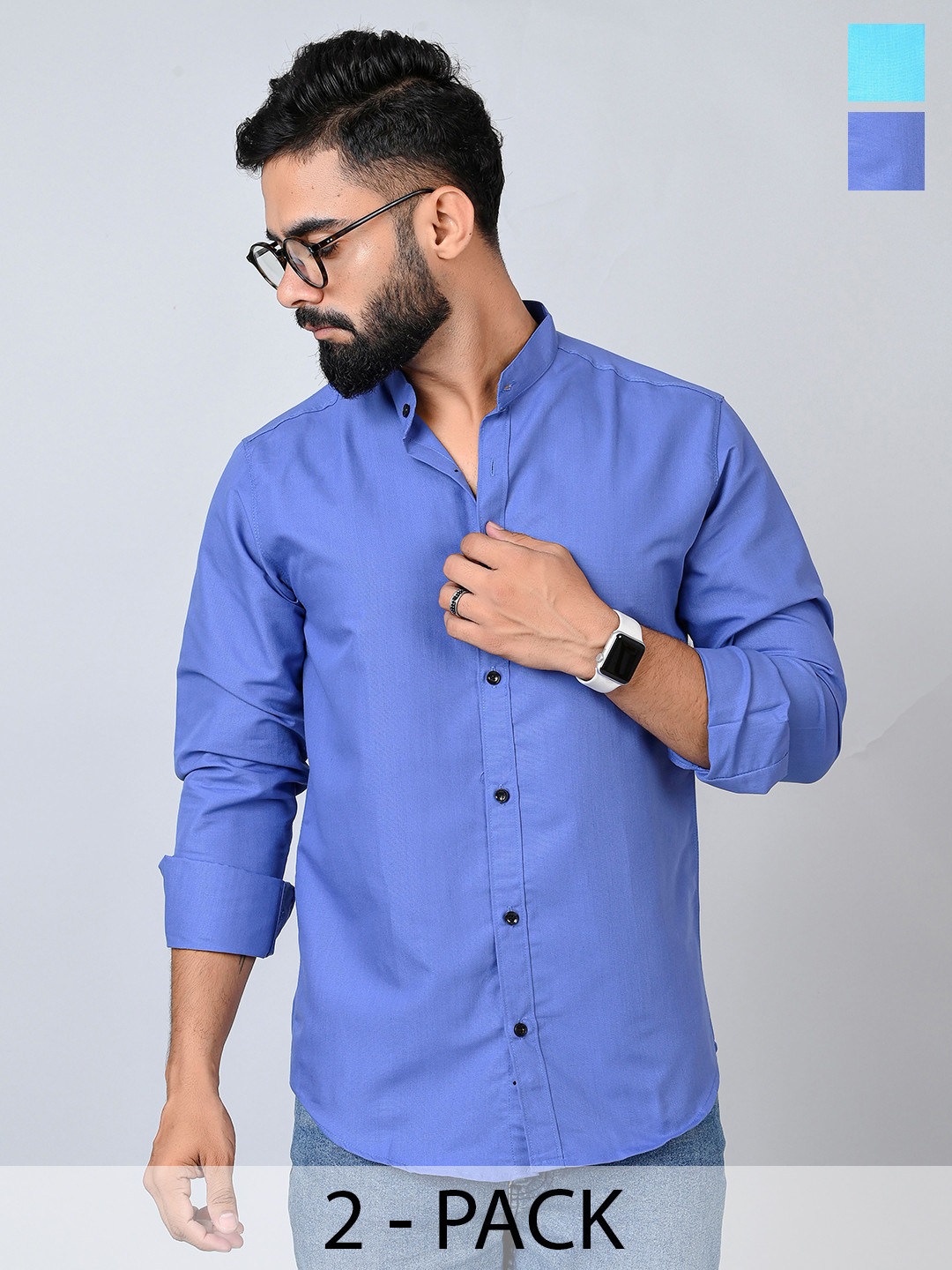 

Tanip Men Pack Of 2 Band Collar Solid Cotton Casual Shirts, Blue
