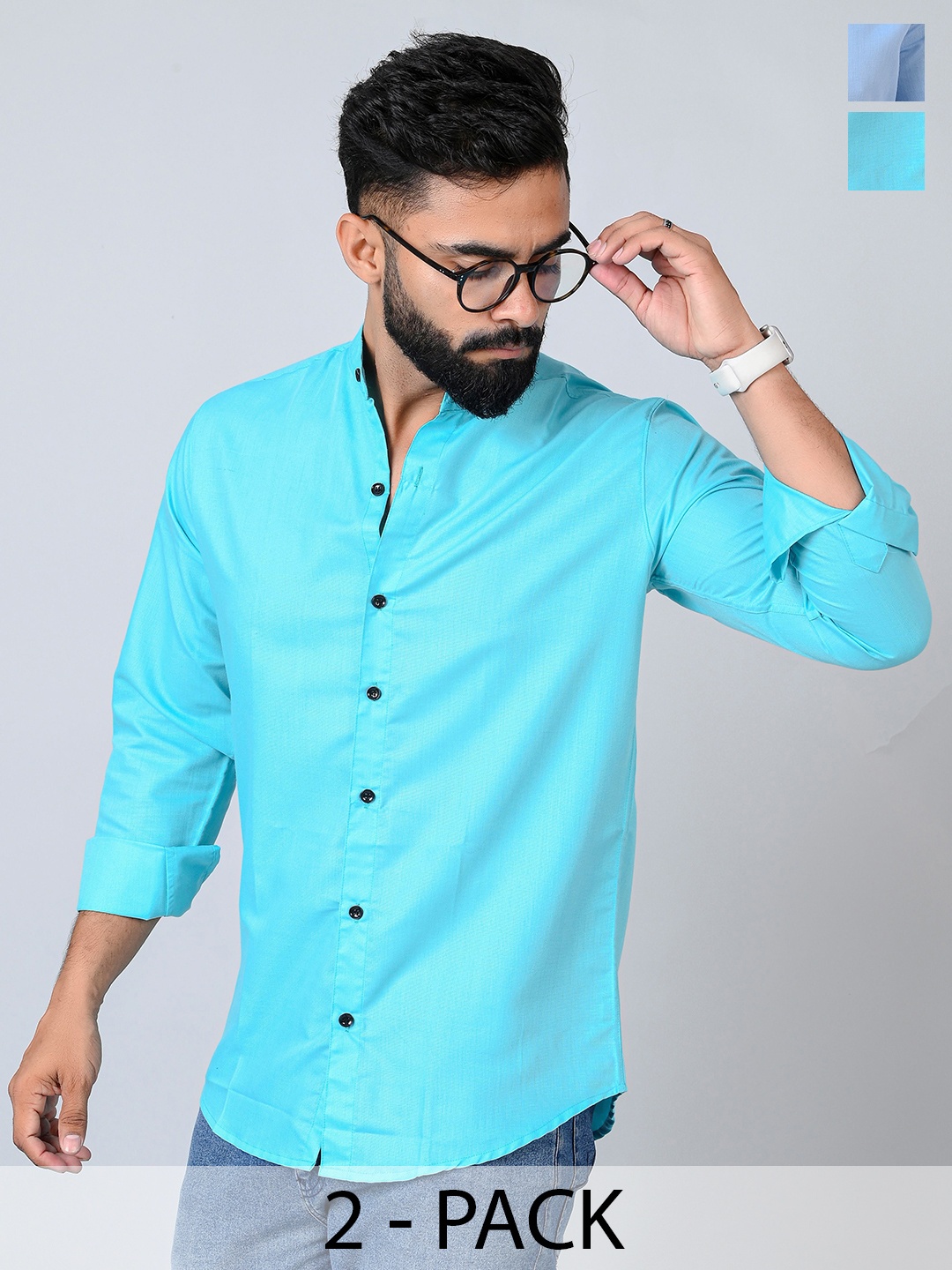 

Tanip Men Pack Of 2 Band Collar Solid Cotton Casual Shirts, Blue