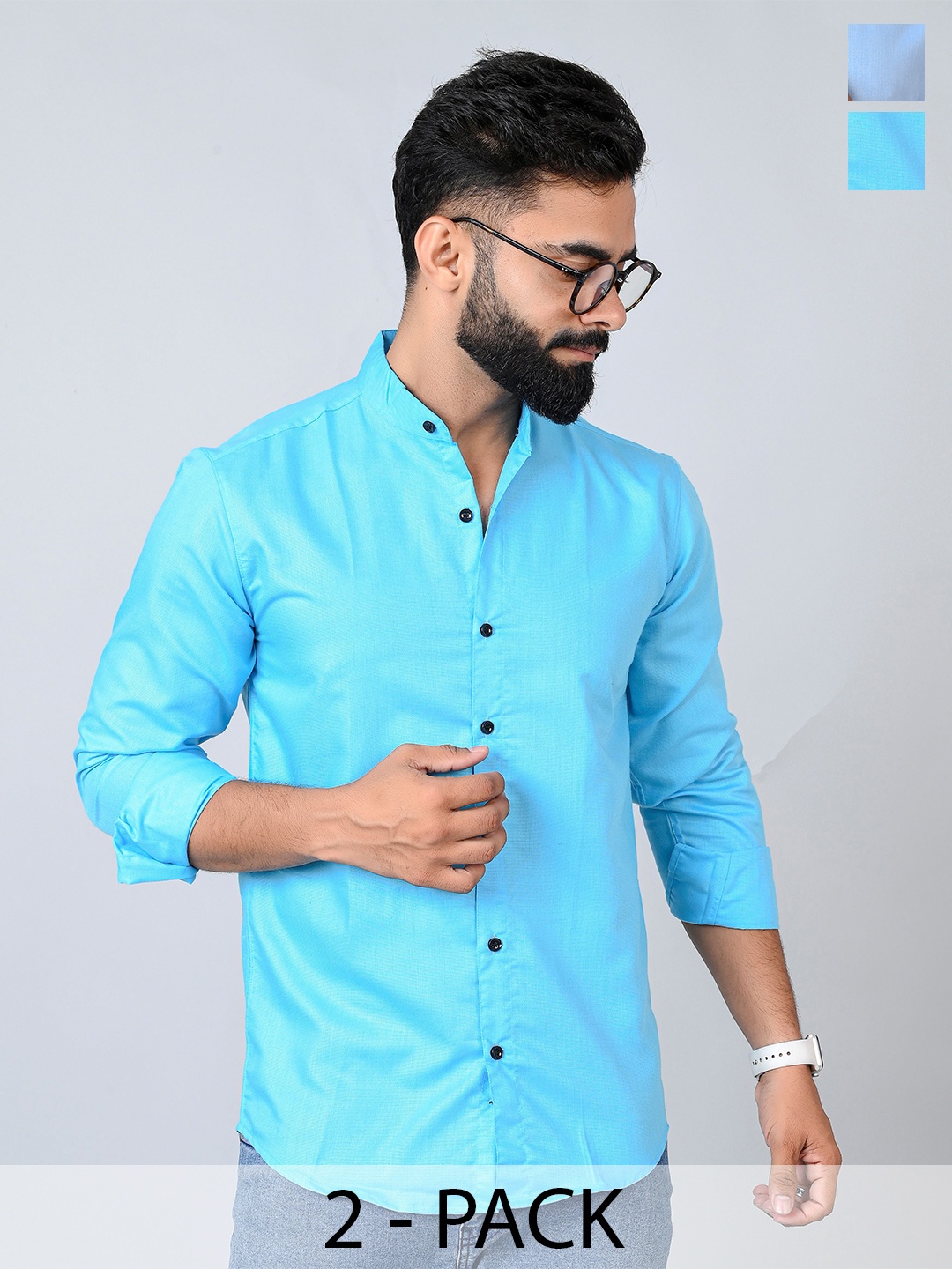 

Tanip Men Pack Of 2 Band Collar Solid Cotton Casual Shirts, Blue