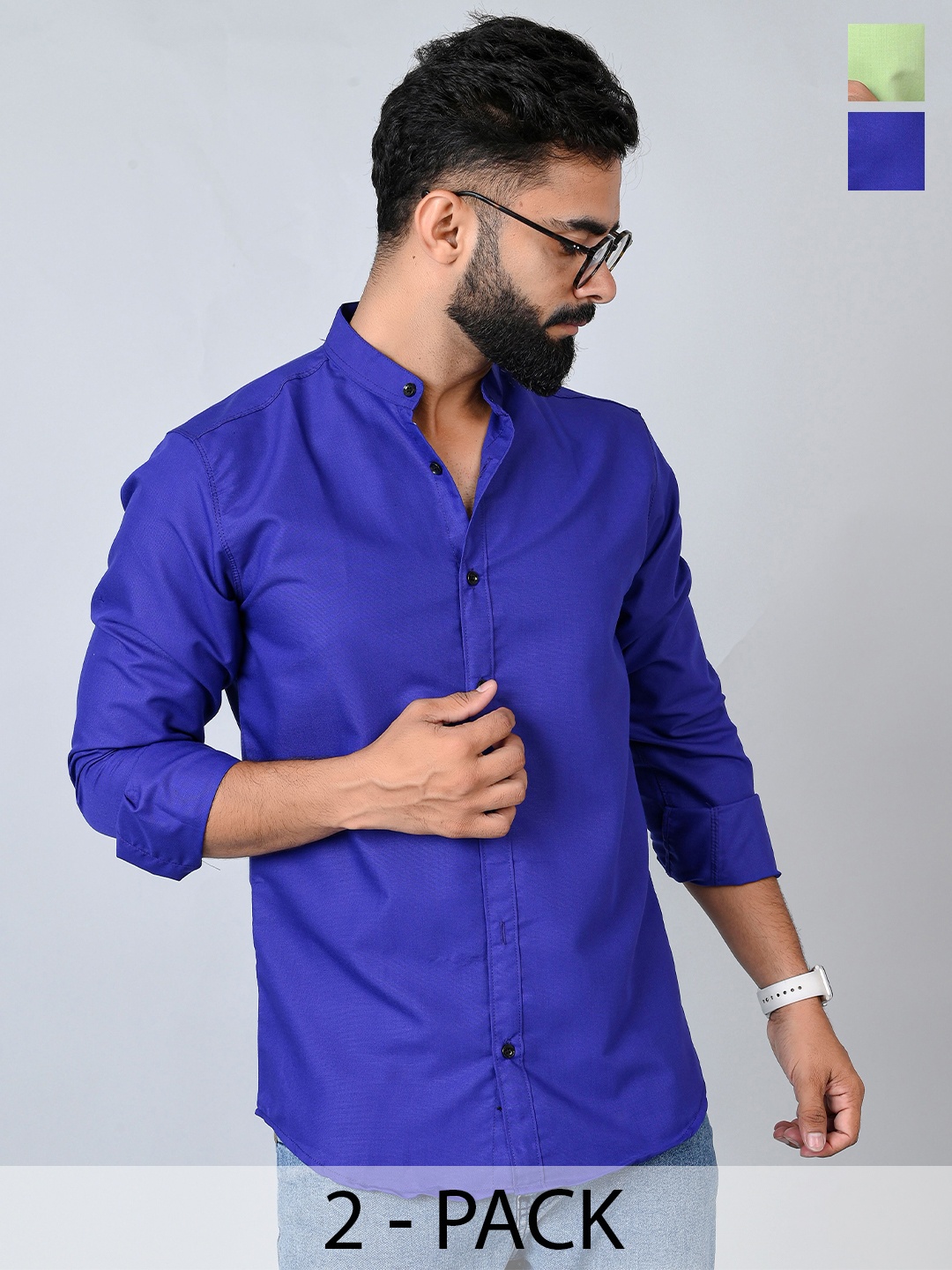 

Tanip Men Pack Of 2 Band Collar Solid Cotton Casual Shirts, Blue