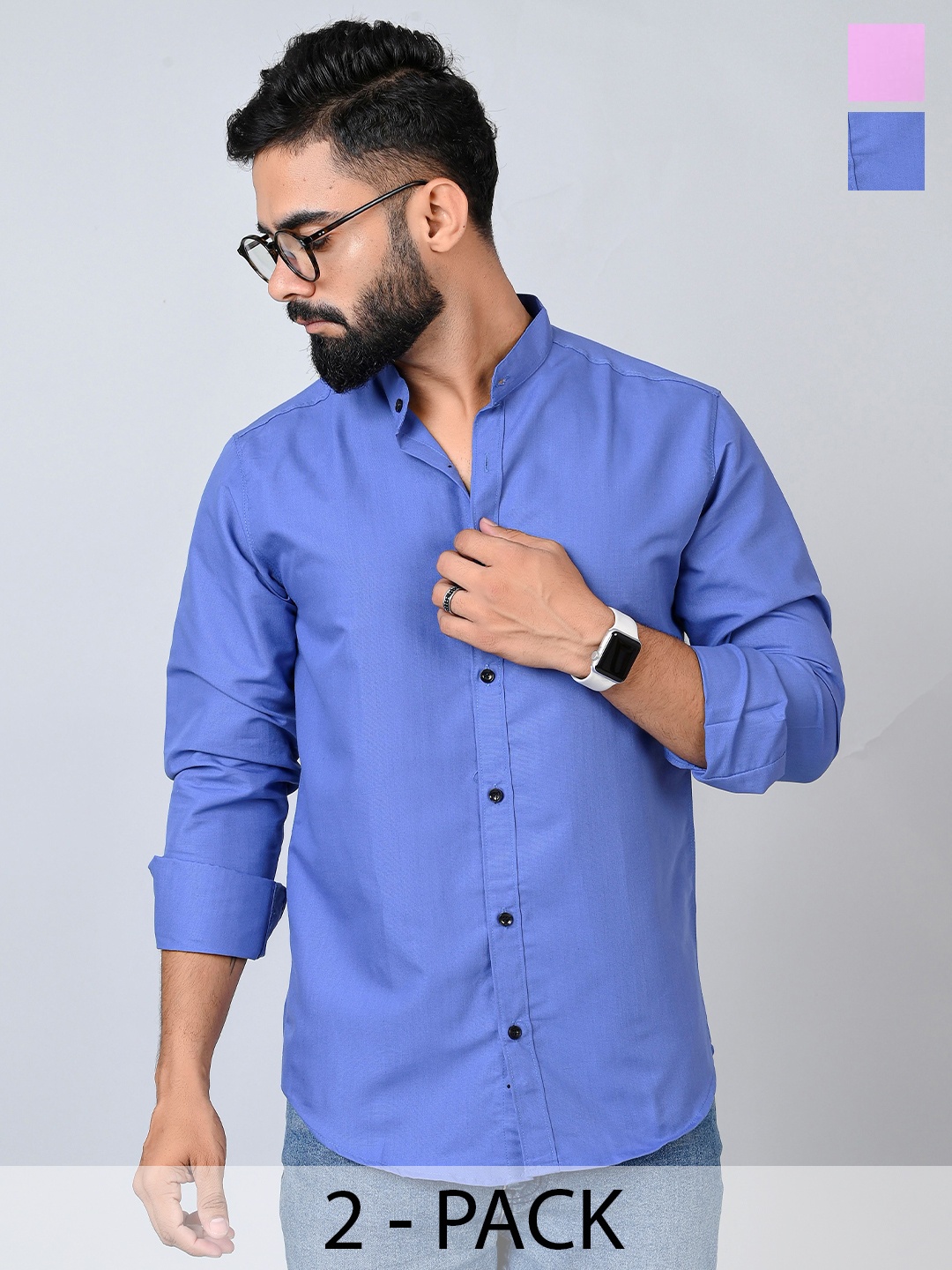 

Tanip Men Pack Of 2 Band Collar Solid Cotton Casual Shirts, Blue