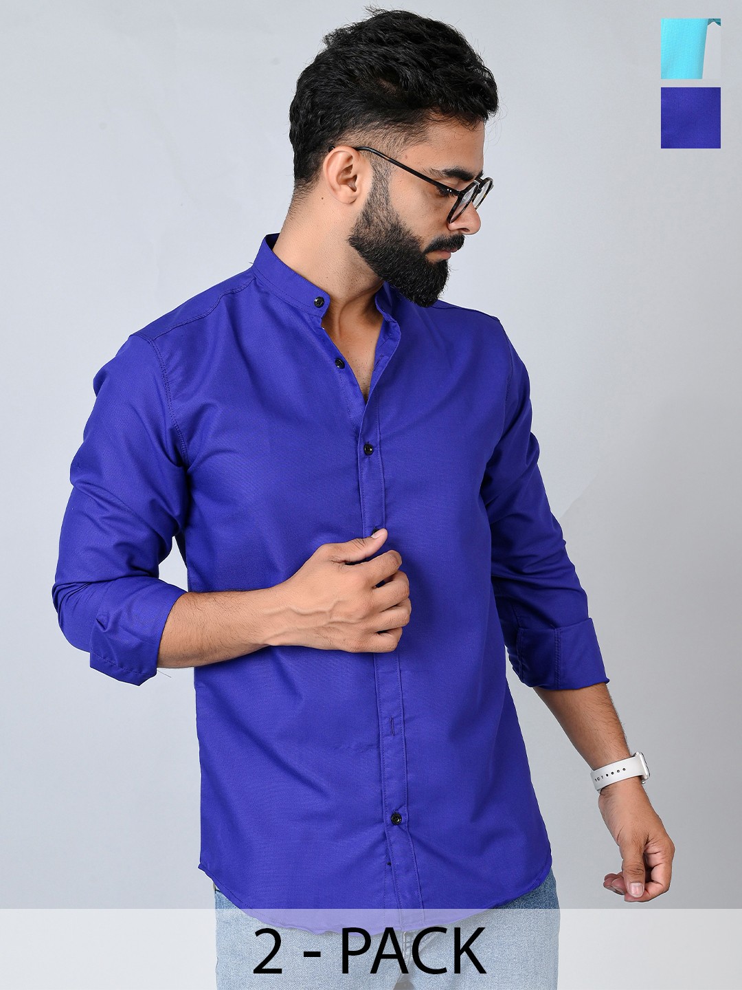 

Tanip Men Pack Of 2 Band Collar Solid Cotton Casual Shirts, Blue