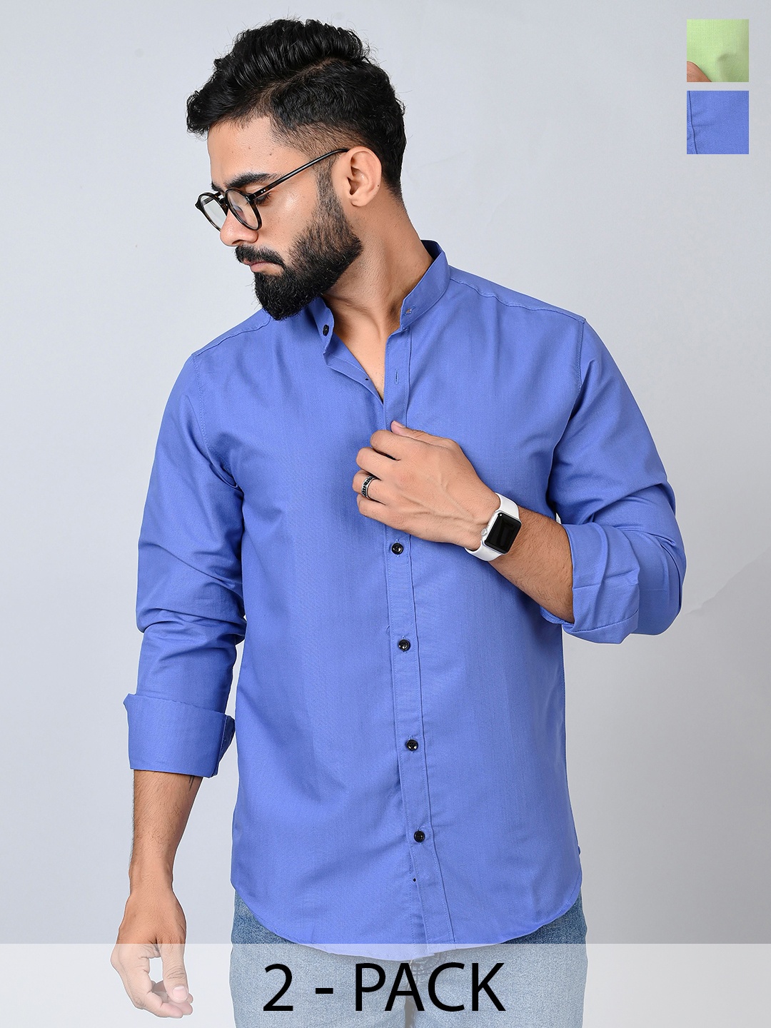 

Tanip Men Pack Of 2 Band Collar Solid Cotton Casual Shirts, Blue