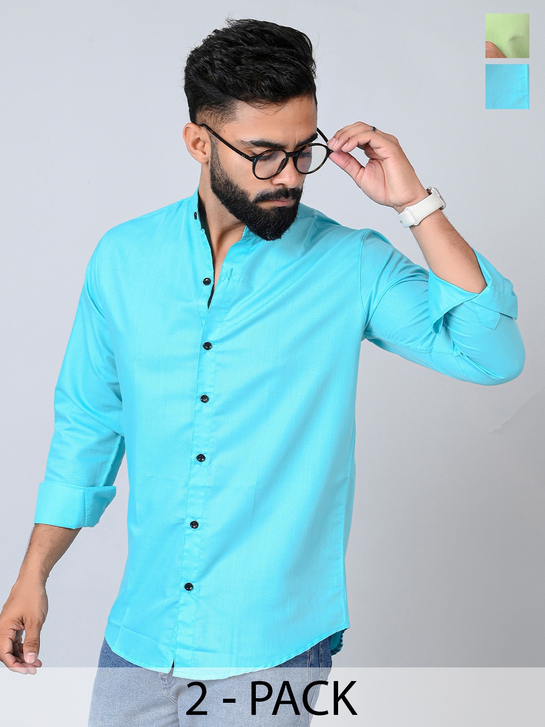 

Tanip Men Pack Of 2 Band Collar Solid Cotton Casual Shirts, Turquoise blue