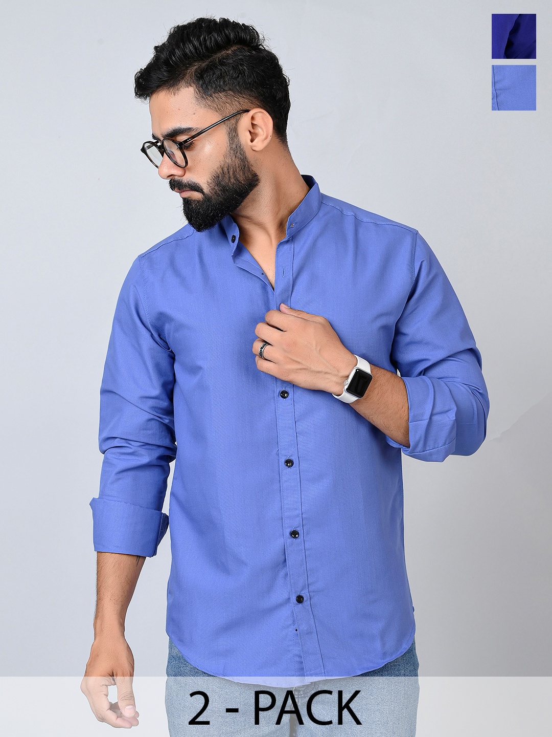 

Tanip Men Pack Of 2 Band Collar Solid Cotton Casual Shirts, Blue