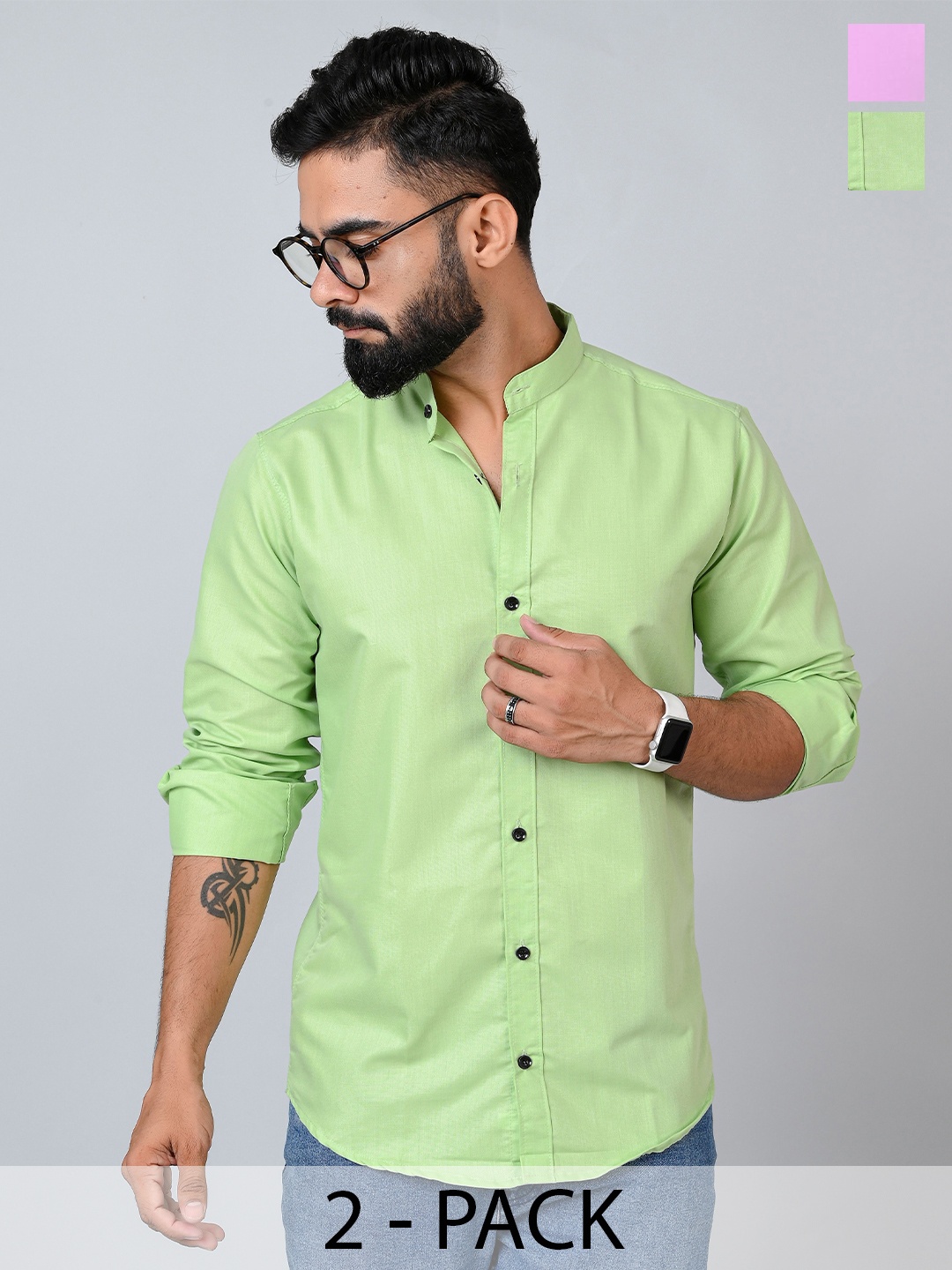 

Tanip Men Pack Of 2 Band Collar Solid Cotton Casual Shirts, Green