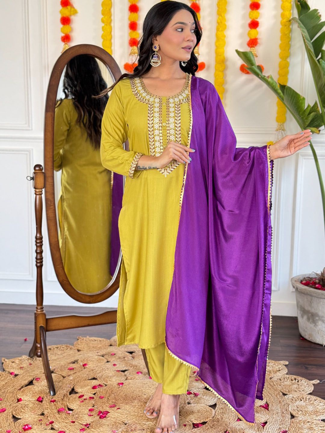 

KALINI Floral Embroidered Sequinned Kurta With Trousers & Dupatta, Mustard