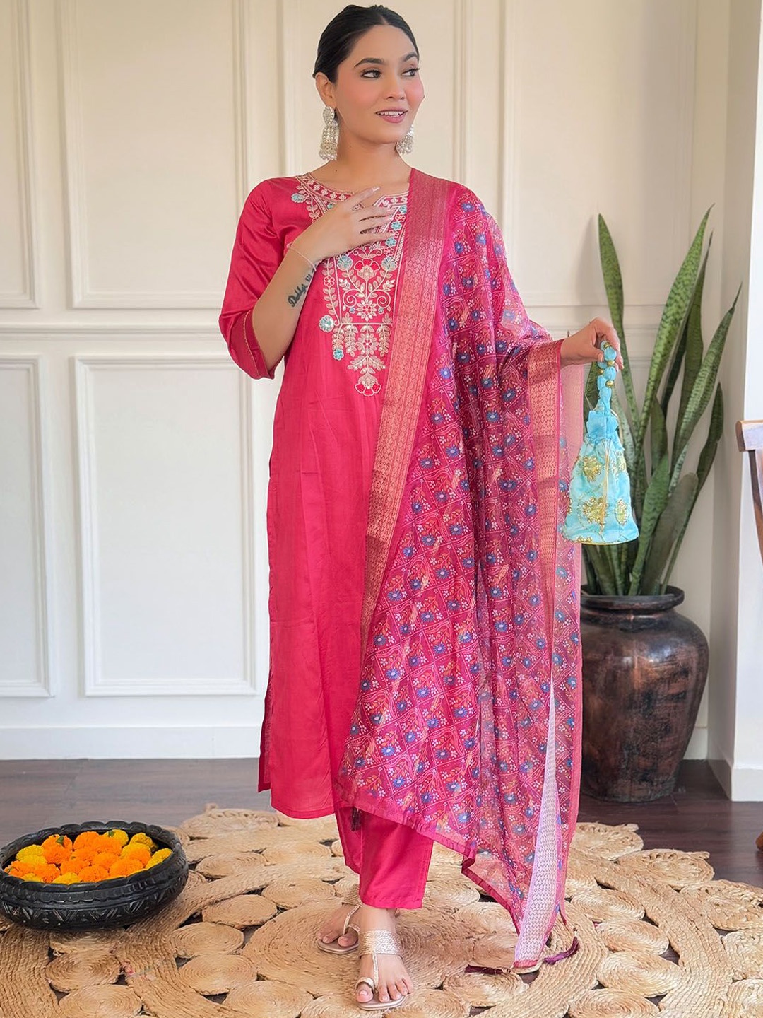 

KALINI Floral Embroidered Sequinned Chanderi Silk Straight Kurta With Trousers & Dupatta, Pink