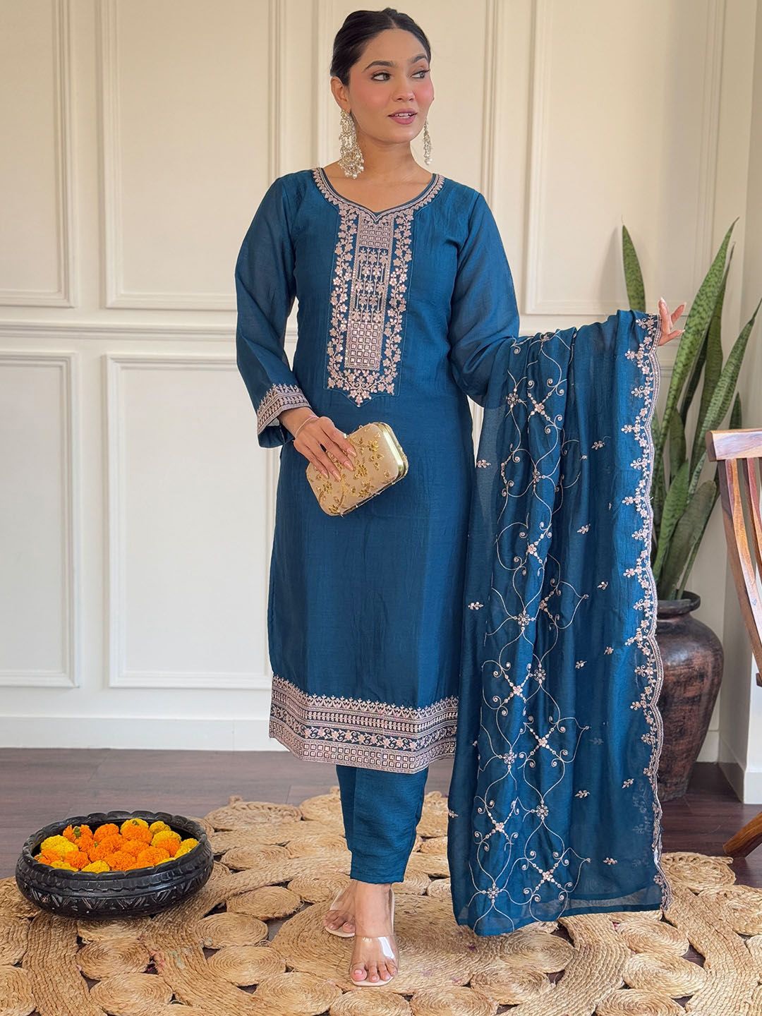 

KALINI Floral Embroidered Sequinned Straight Kurta With Trousers & Dupatta, Teal