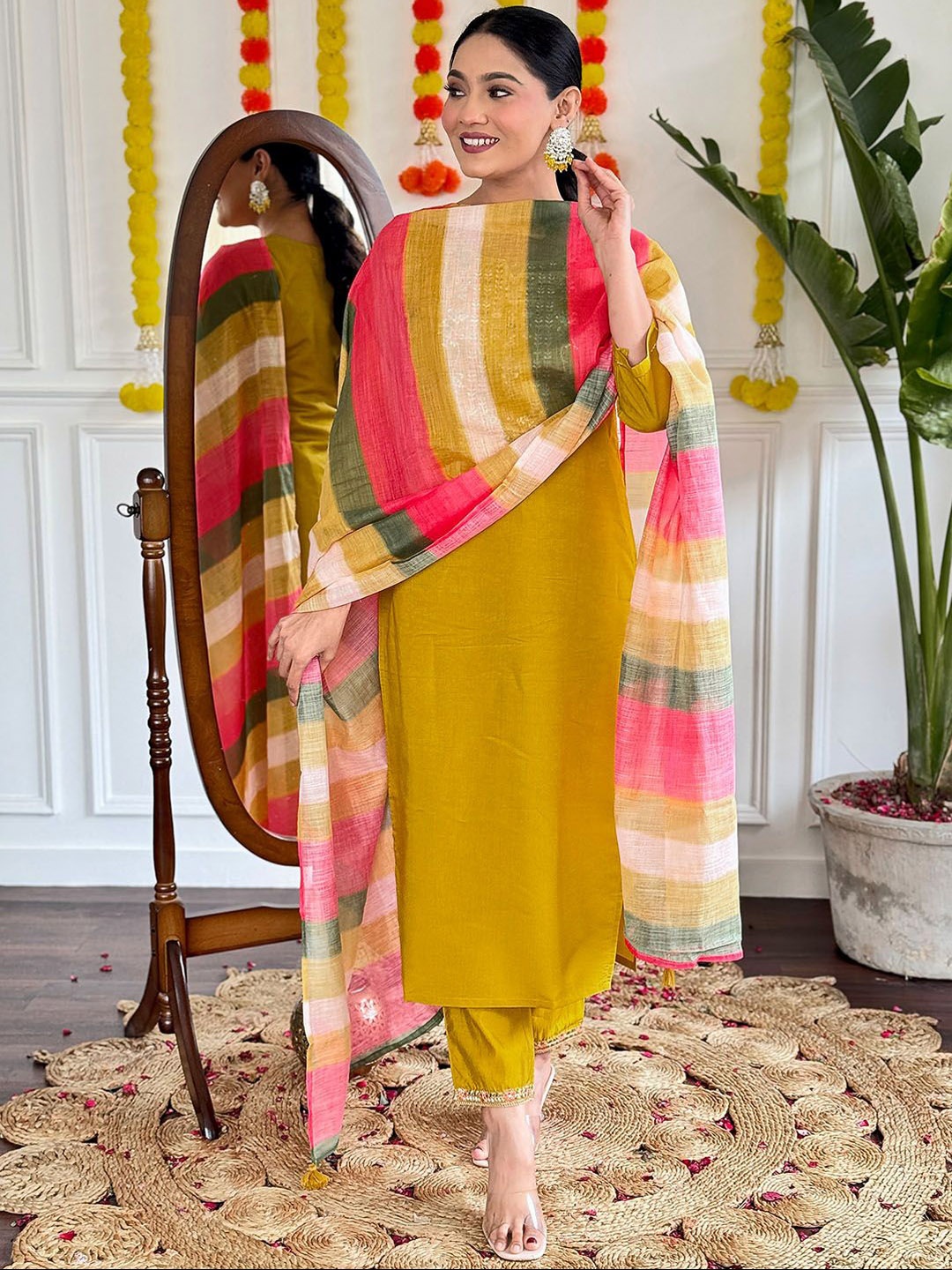 

KALINI Floral Embroidered Sequinned Chanderi Silk Kurta With Trousers & Dupatta, Mustard