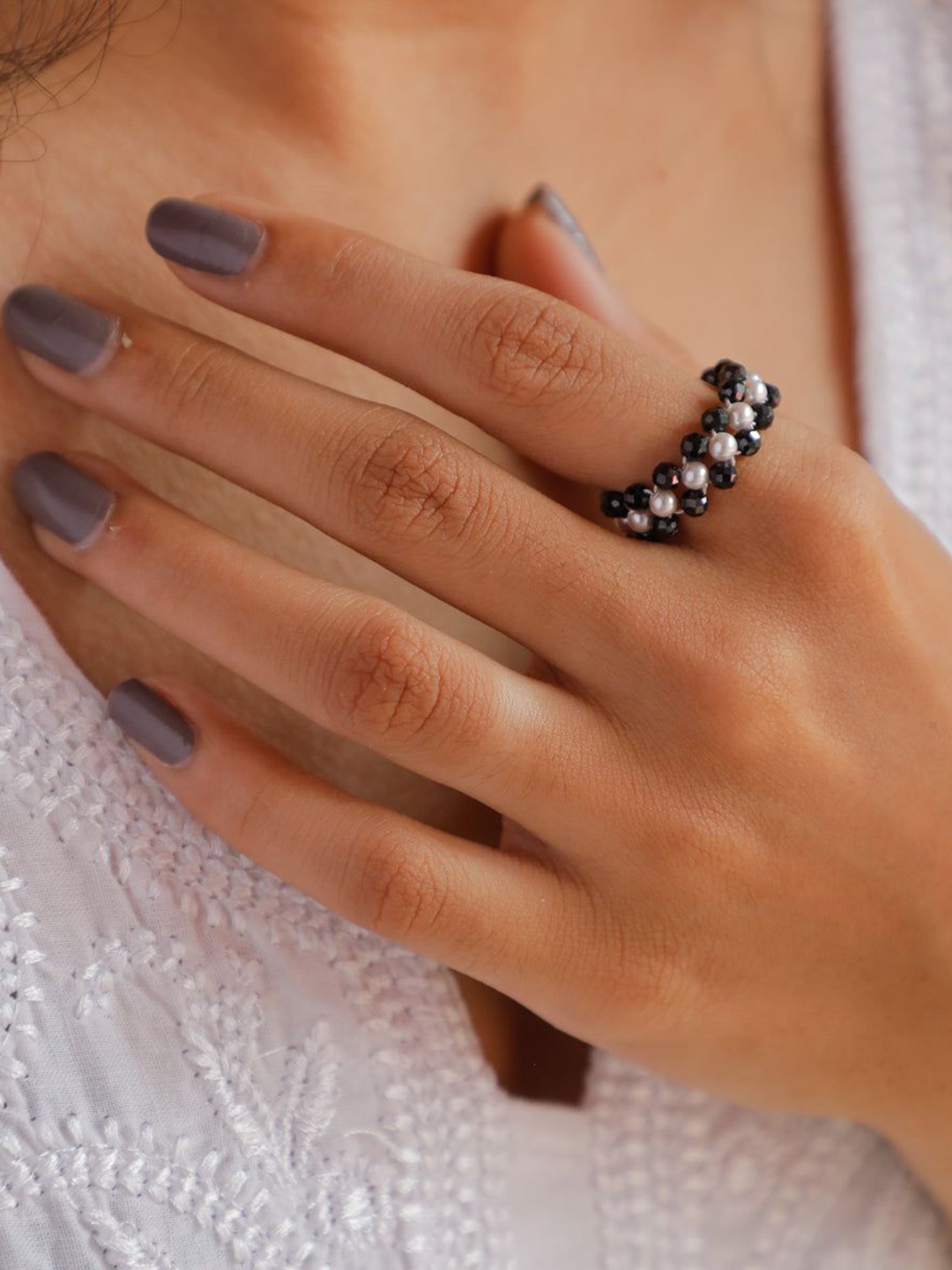

House of Aadyaa 92.5 Silver Pearl-Studded & Spinel Finger Ring