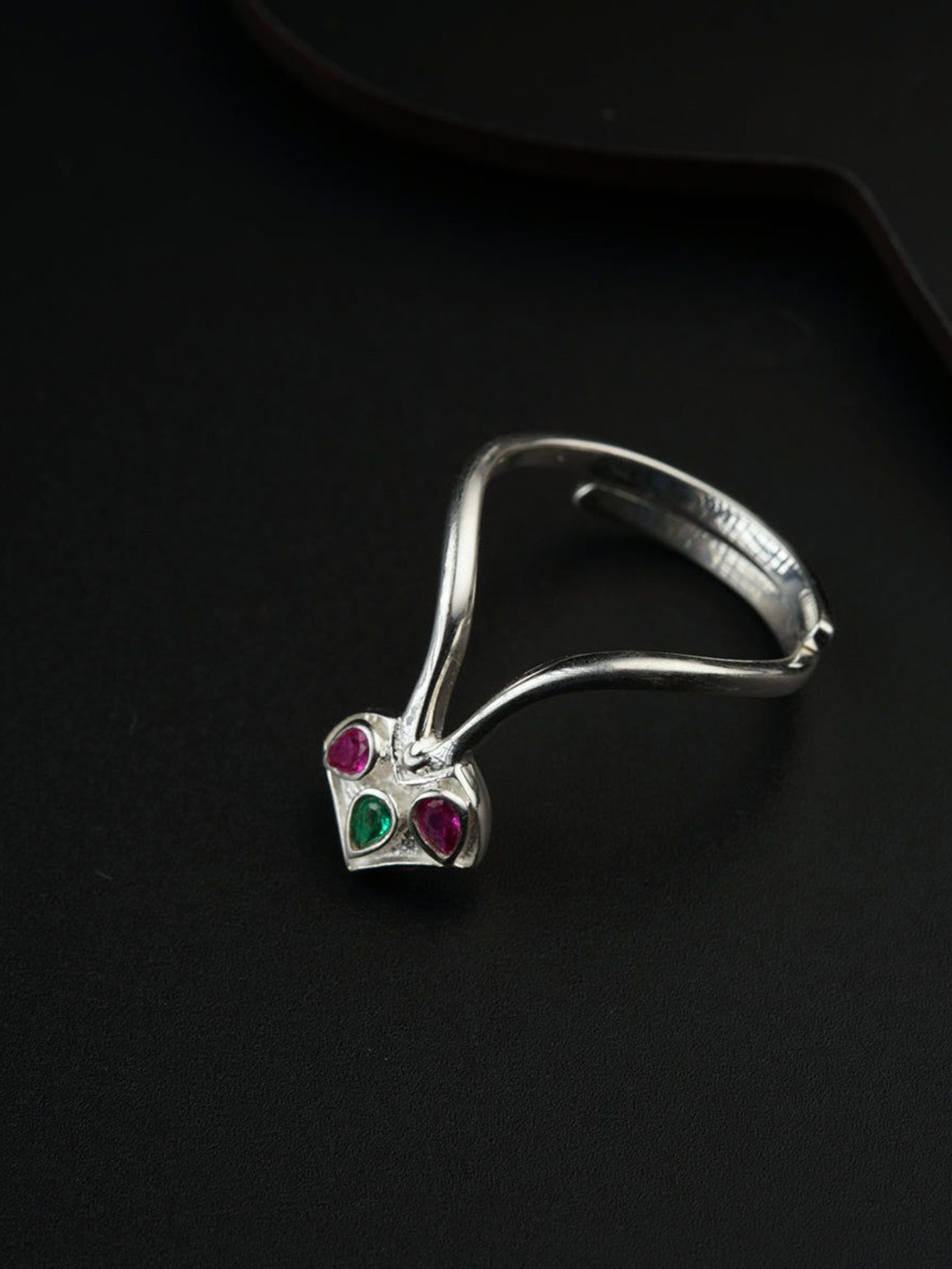 

House of Aadyaa Sterling Silver Stone Studded Adjustable Finger Ring