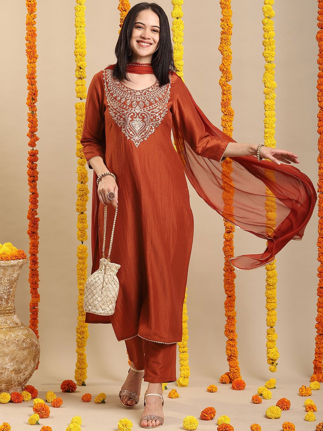 

GoSriKi Floral Embroidered Sequinned Straight Kurta With Trouser & Dupatta, Rust