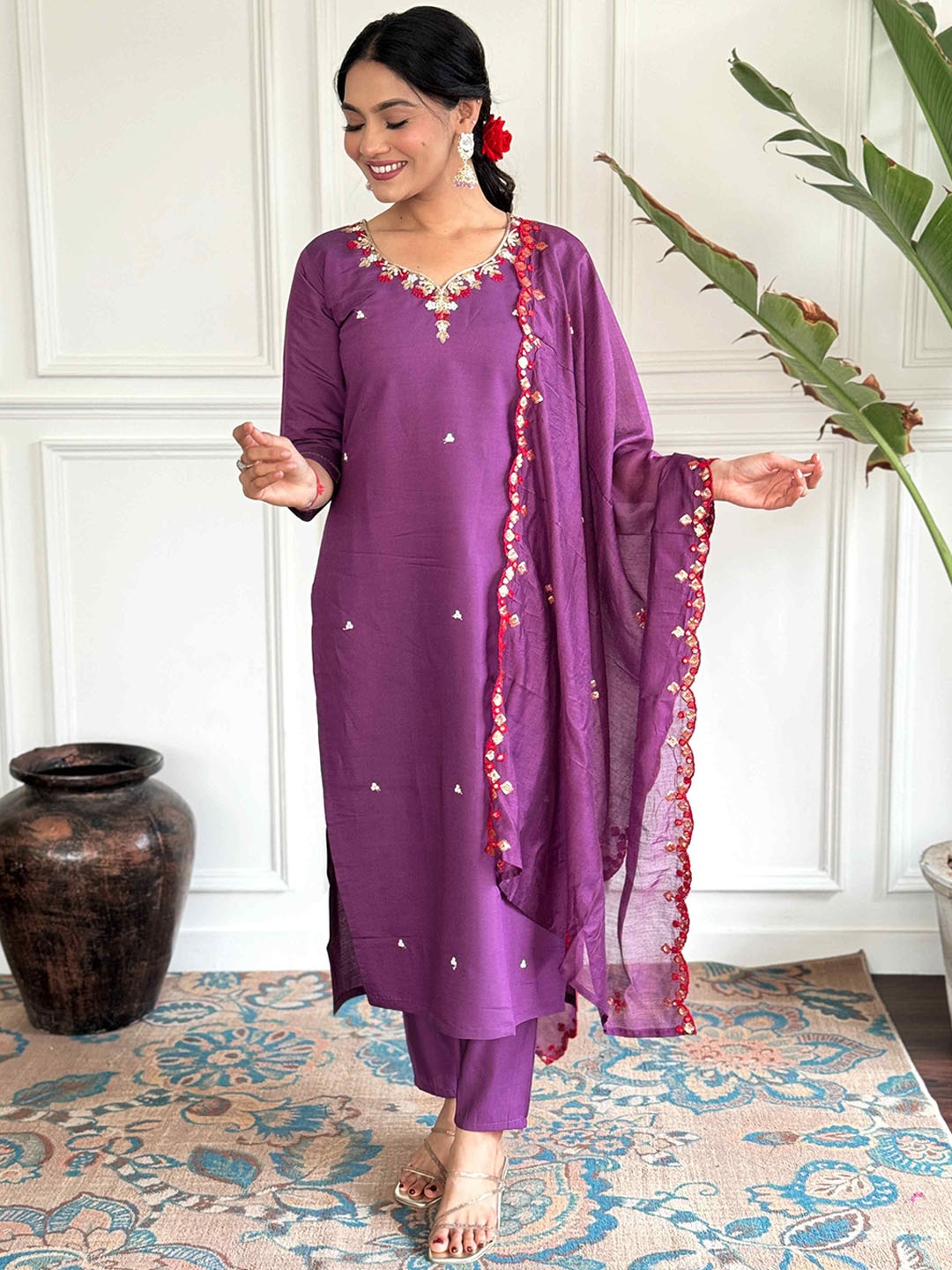 

HERE&NOW Purple Floral Embroidered Thread Work Chanderi Silk Kurta with Trousers & Dupatta