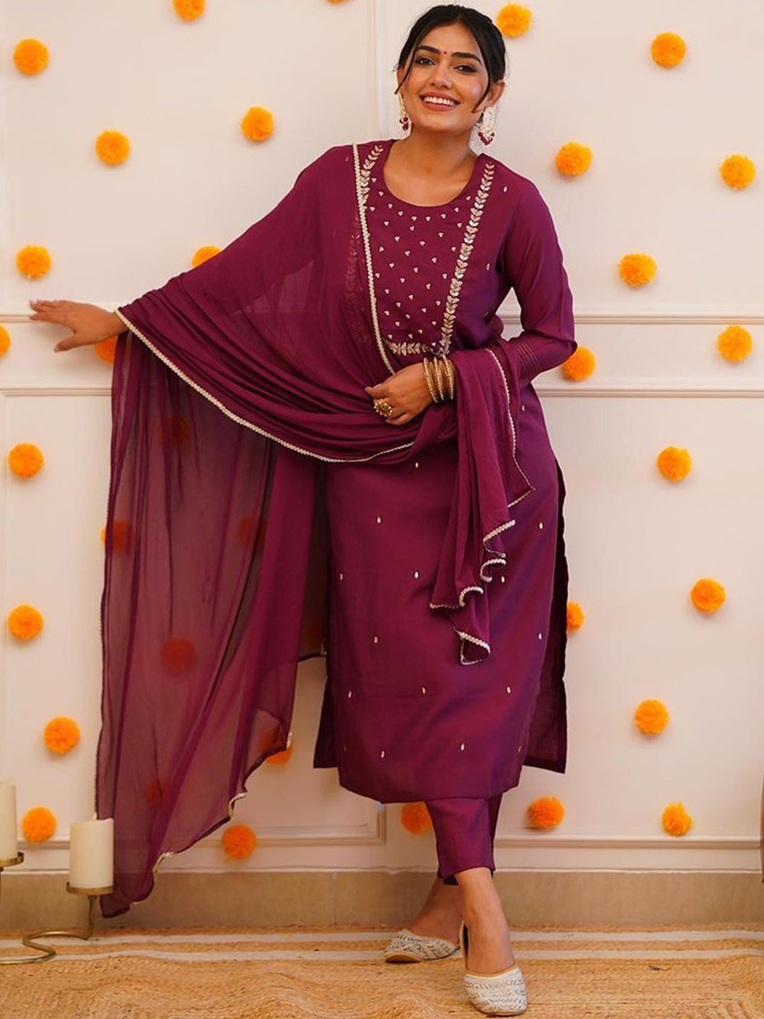 

HERE&NOW Ethnic Motifs Embroidered Kurta with Trousers & Dupatta, Maroon