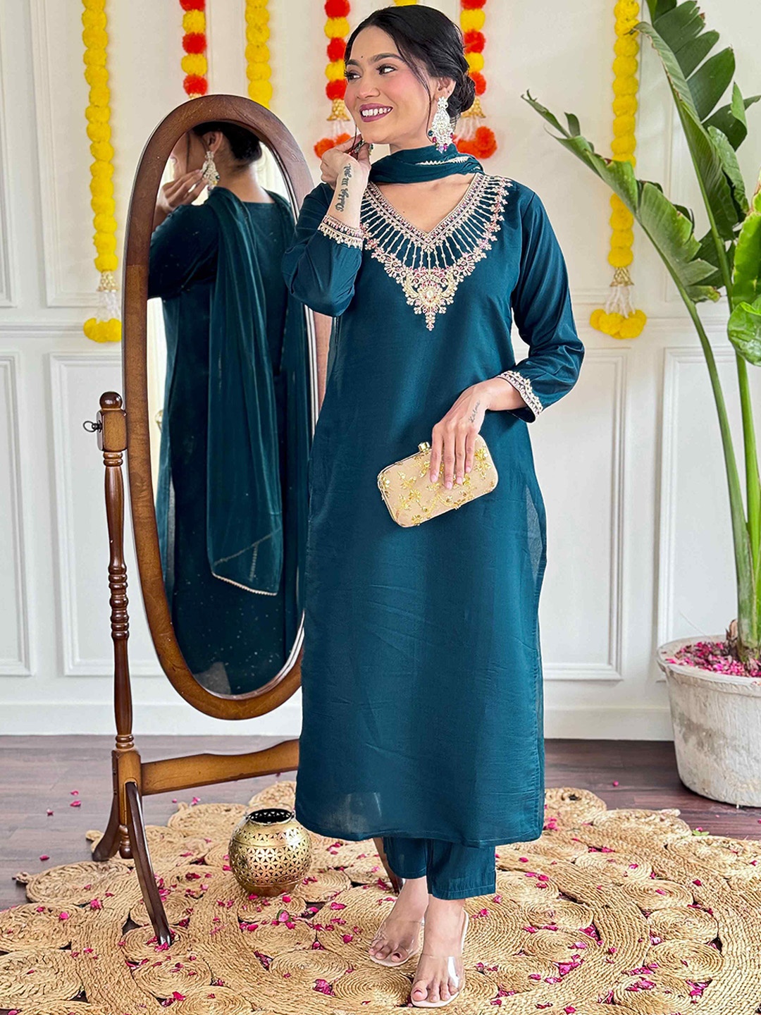 

HERE&NOW Embroidered Gotta Patti Kurta With Trousers & Dupatta, Blue