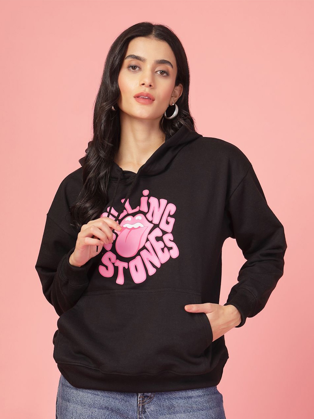 

Popster Women Printed Hooded Sweatshirt, Black