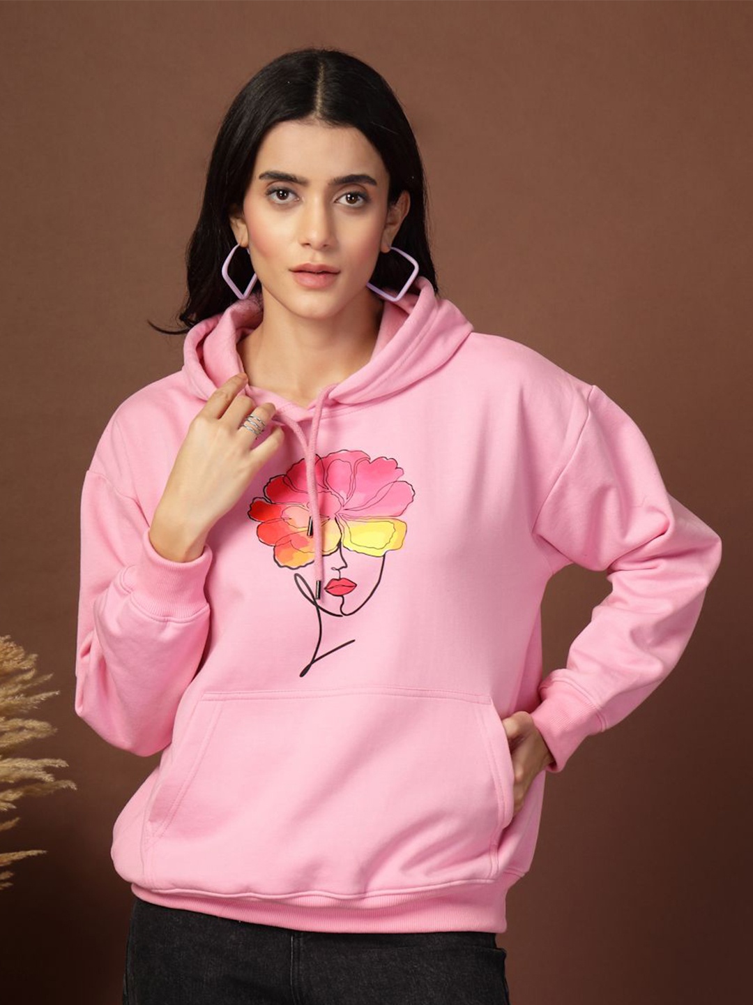 

Popster Women Printed Hooded Sweatshirt, Pink