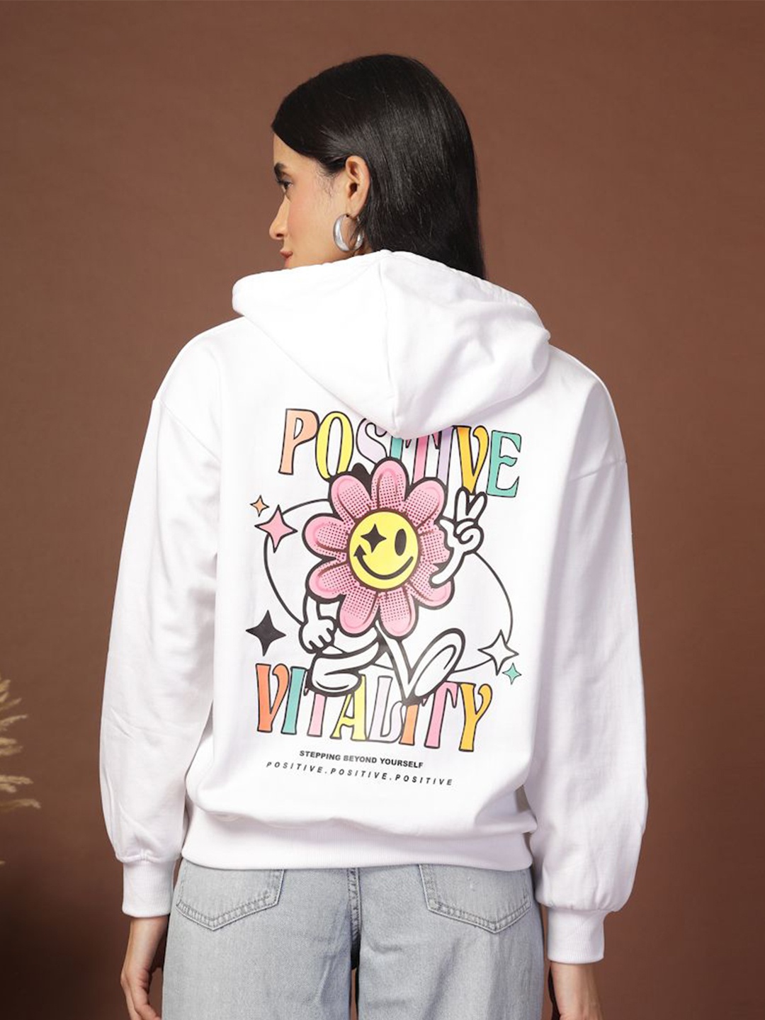 

Popster Women Printed Hooded Pullover Sweatshirt, White