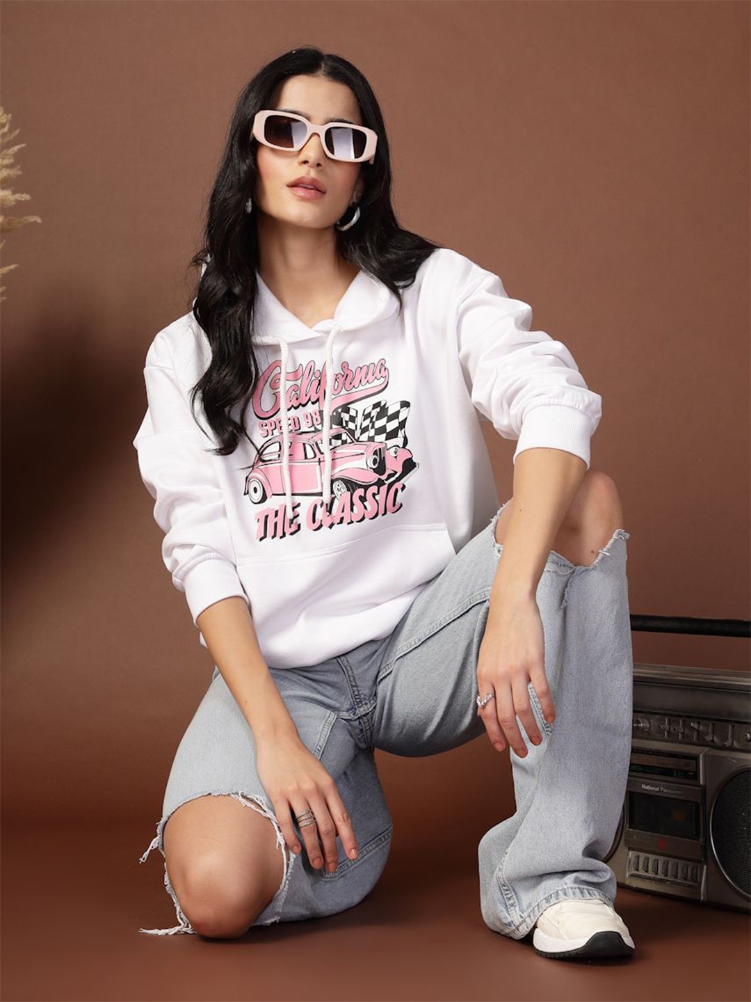 

Popster Women Printed Hooded Sweatshirt, White