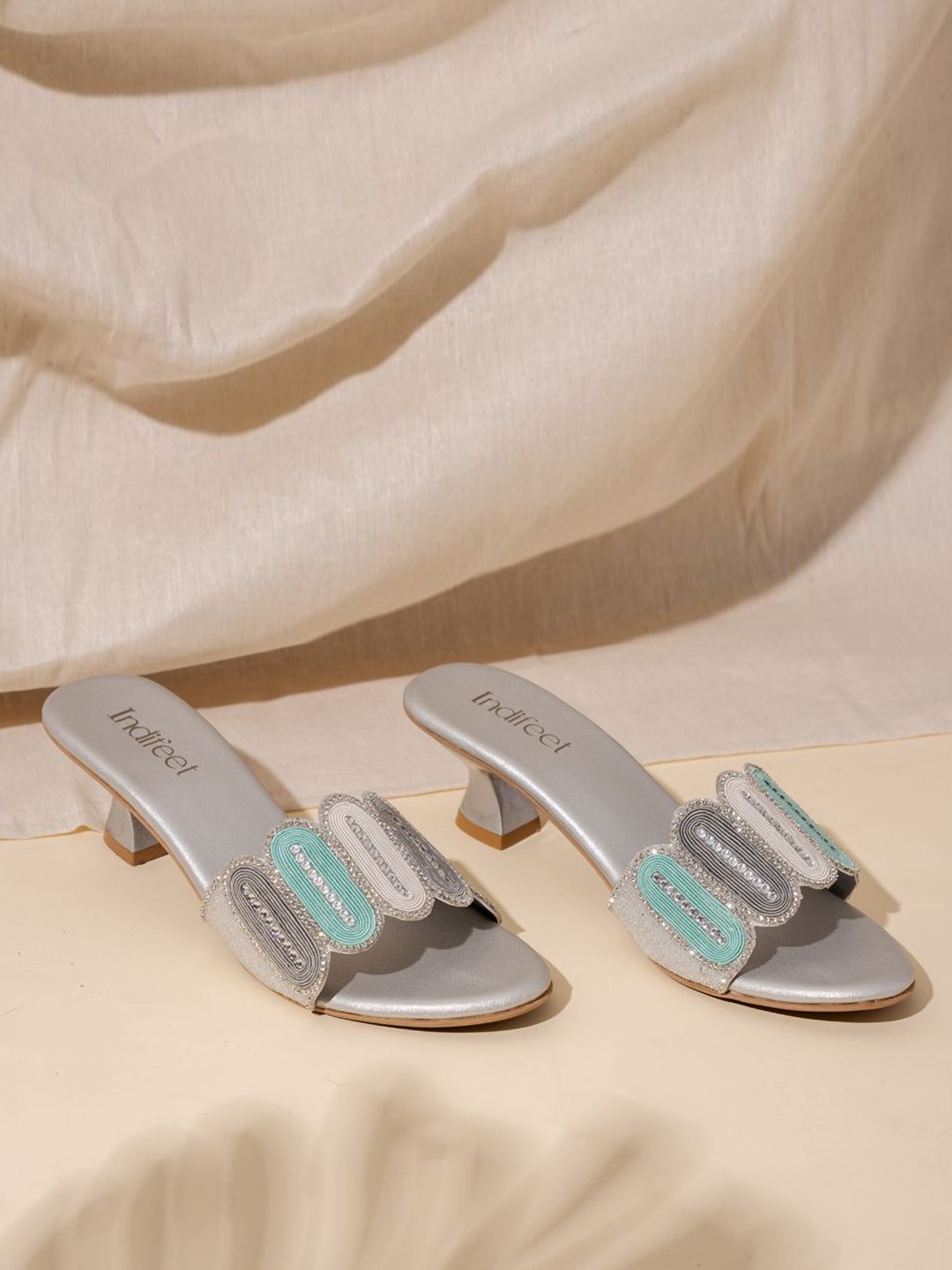 

Indifeet Women Embellished Ethnic and Traditional Silver Kitten Heel Sandals