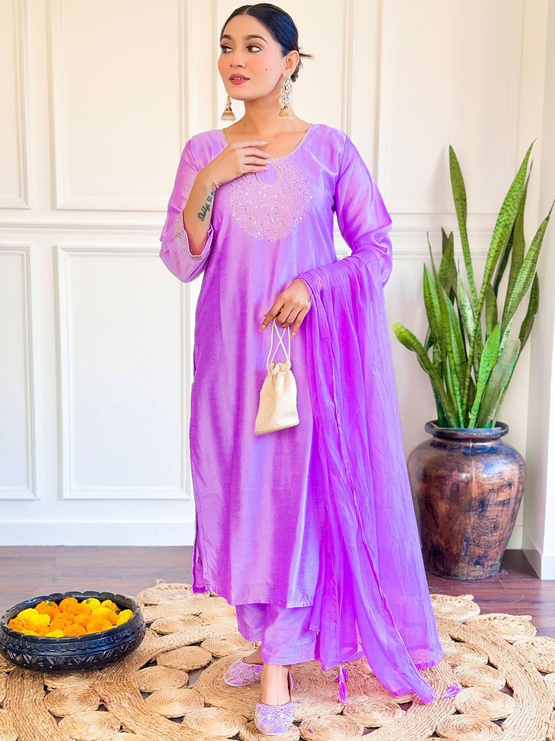 

BLACK SCISSOR Geometric Embroidered Chanderi Silk A-Line Kurta with Trousers & Dupatta, Purple