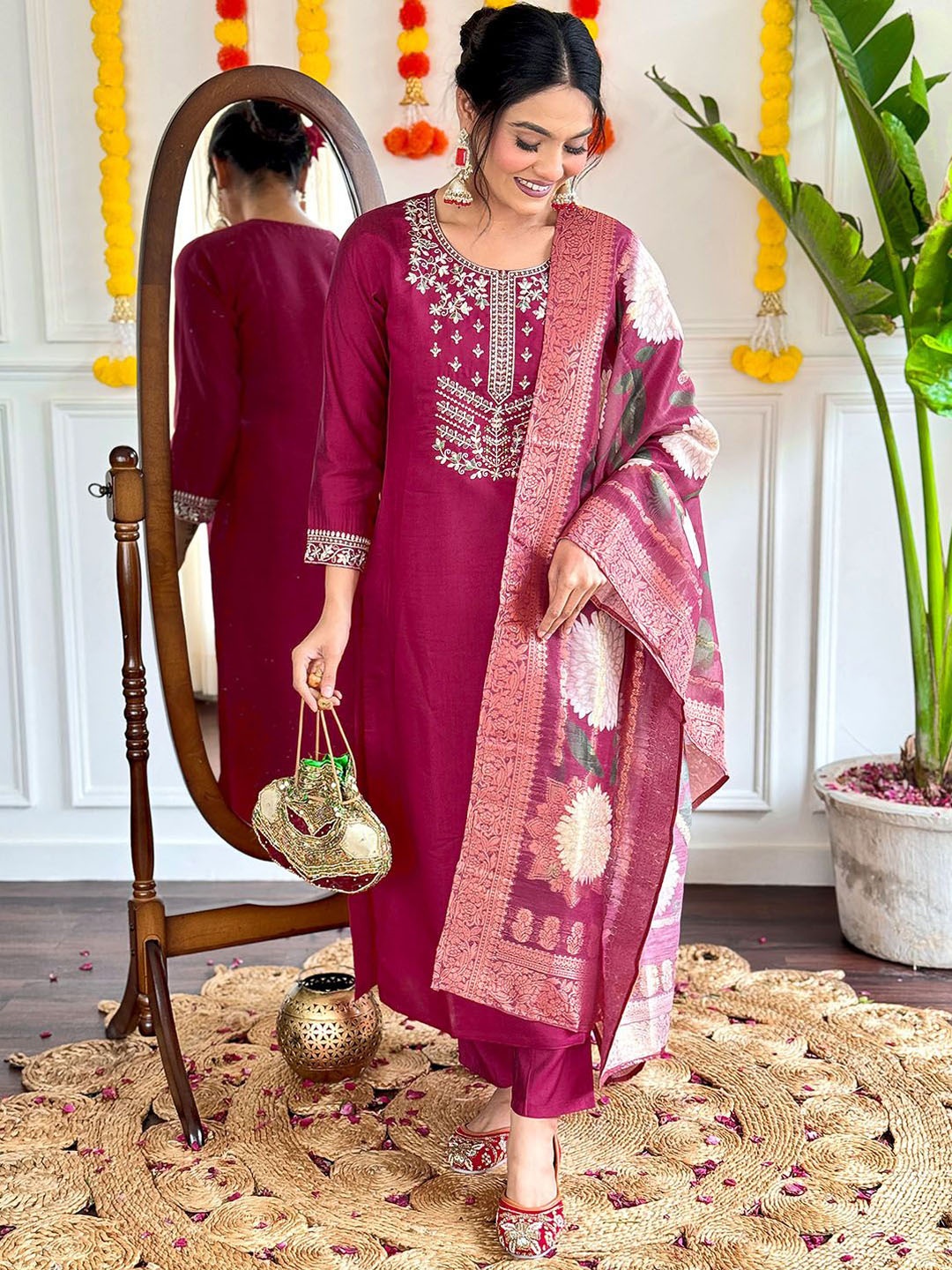 

BLACK SCISSOR Floral Embroidered Chanderi Silk Straight Kurta with Trousers & Dupatta, Maroon