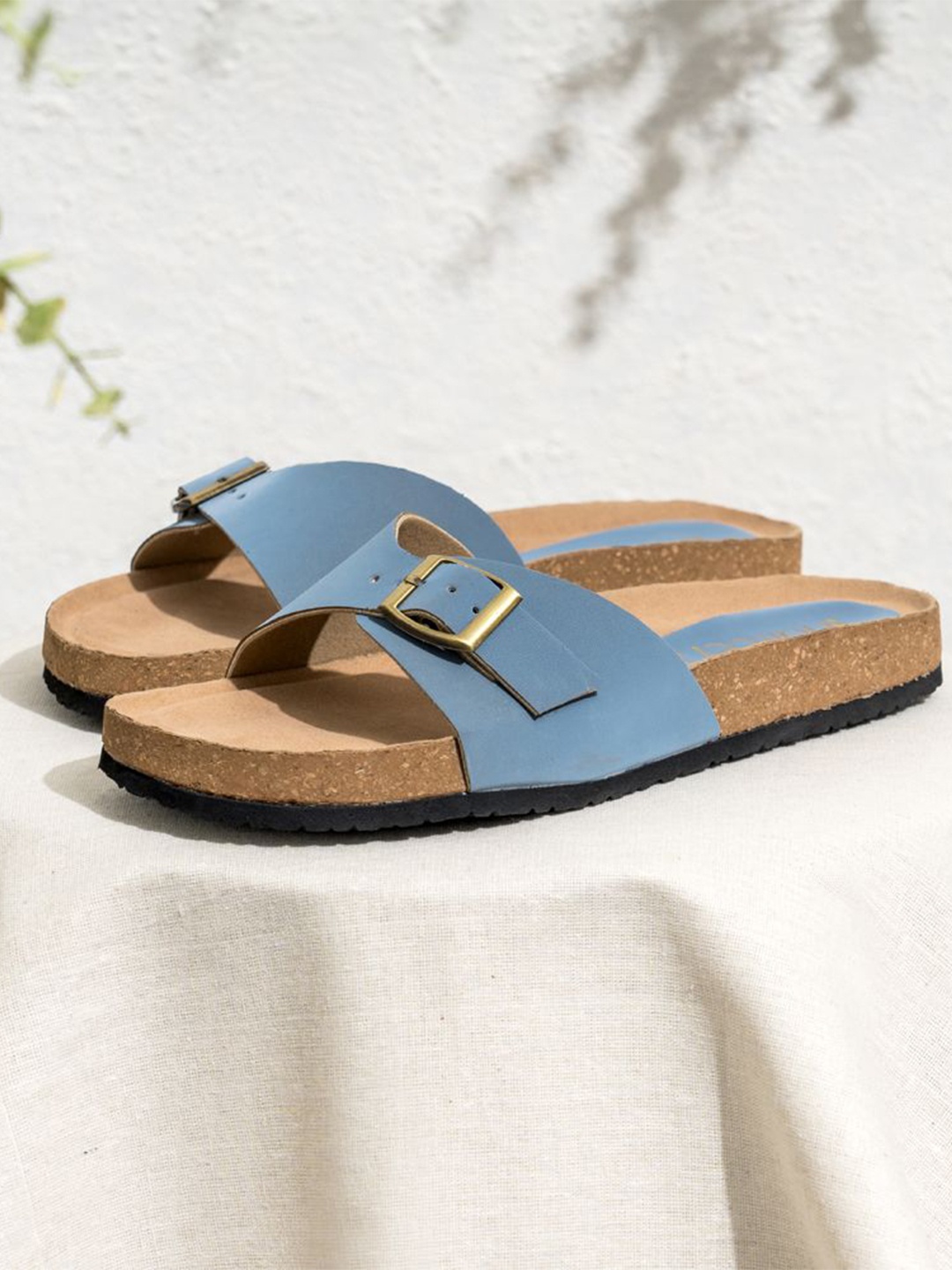 

Indifeet Women Powder Open Toe Cork Flats With Buckle On Strap, Blue