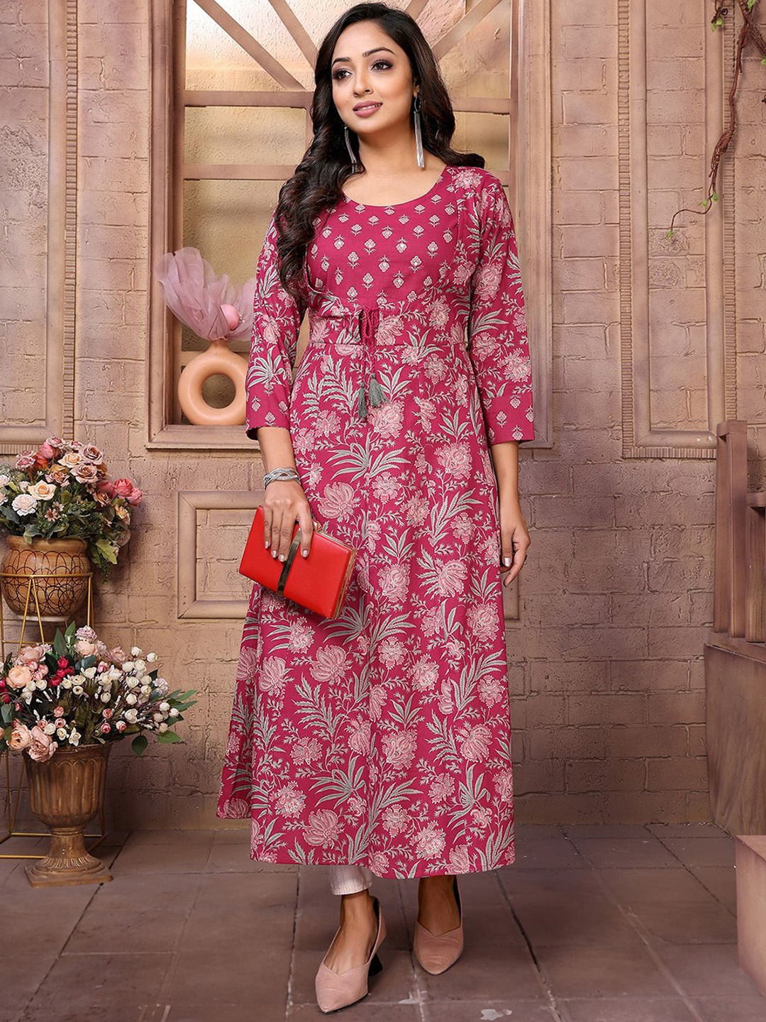 Rangita Floral Embroidered Cotton Anarkali Kurta, Maroon