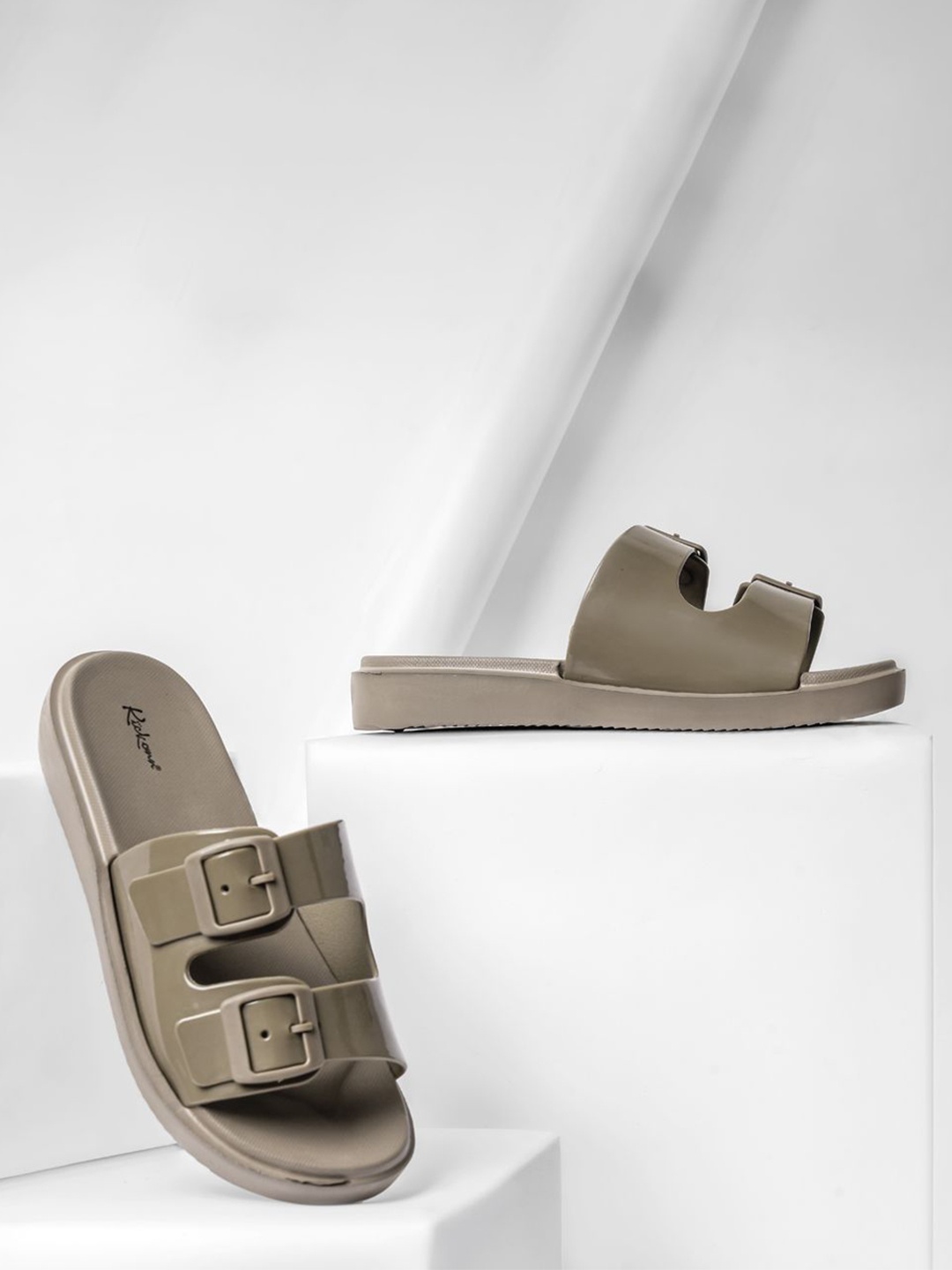 

Indifeet Women Double Strap Rubber Sliders With Adjustable Buckles, Brown