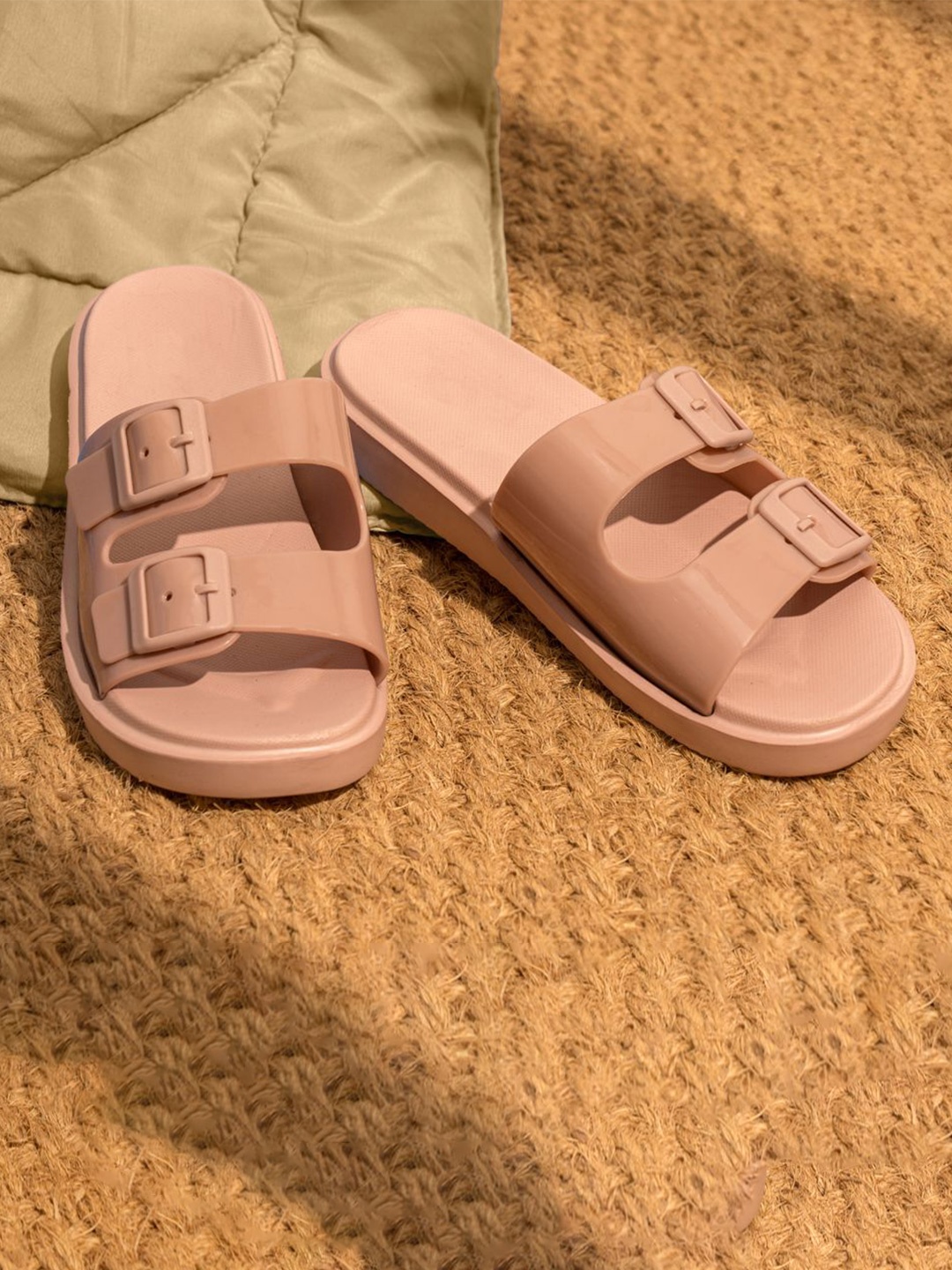 

Indifeet Women Double Strap Pink Rubber Sliders with Adjustable Buckles