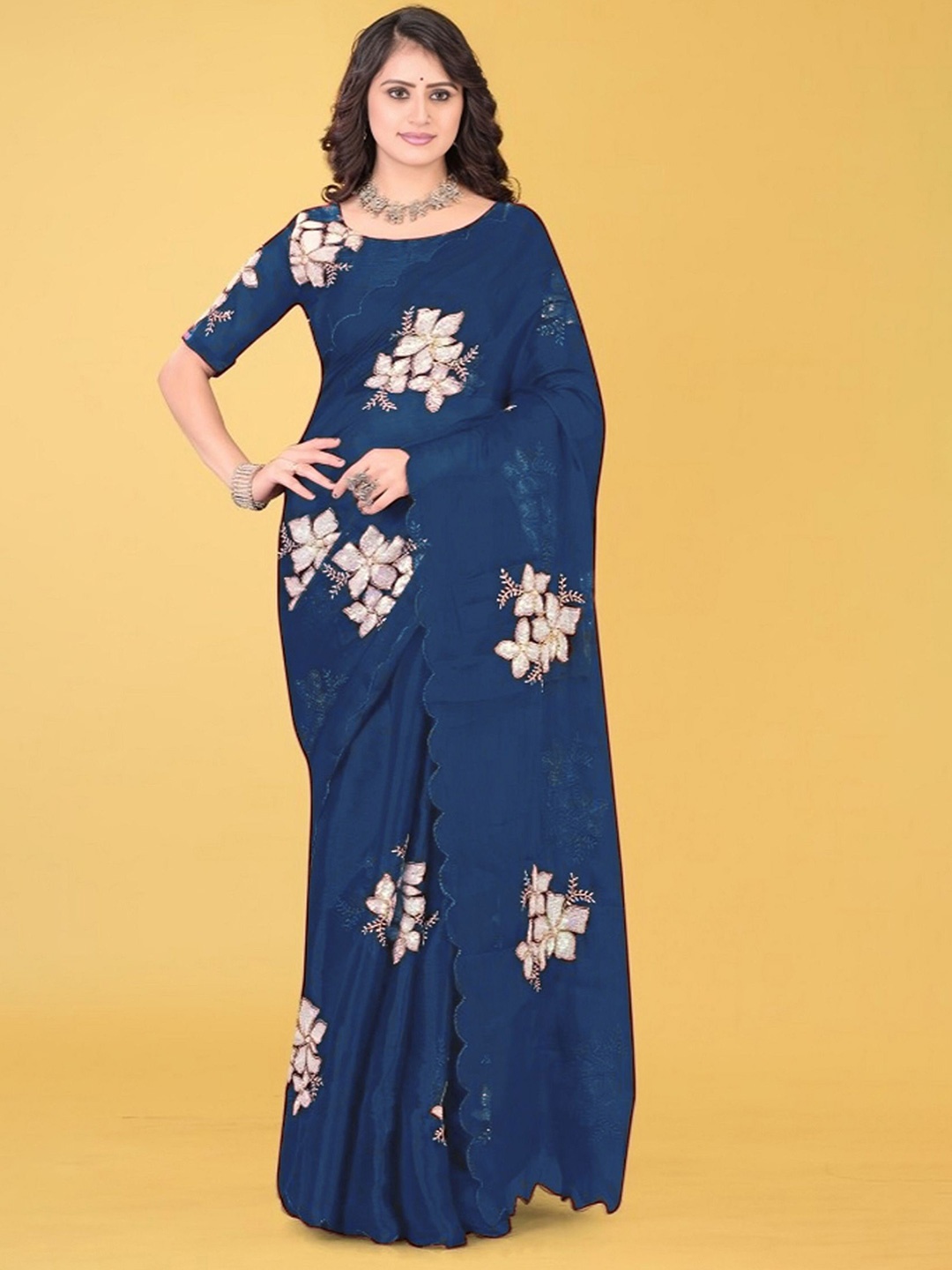 

Aika Floral Embroidered Sequinned Jimmy Choo Organza Saree, Navy blue