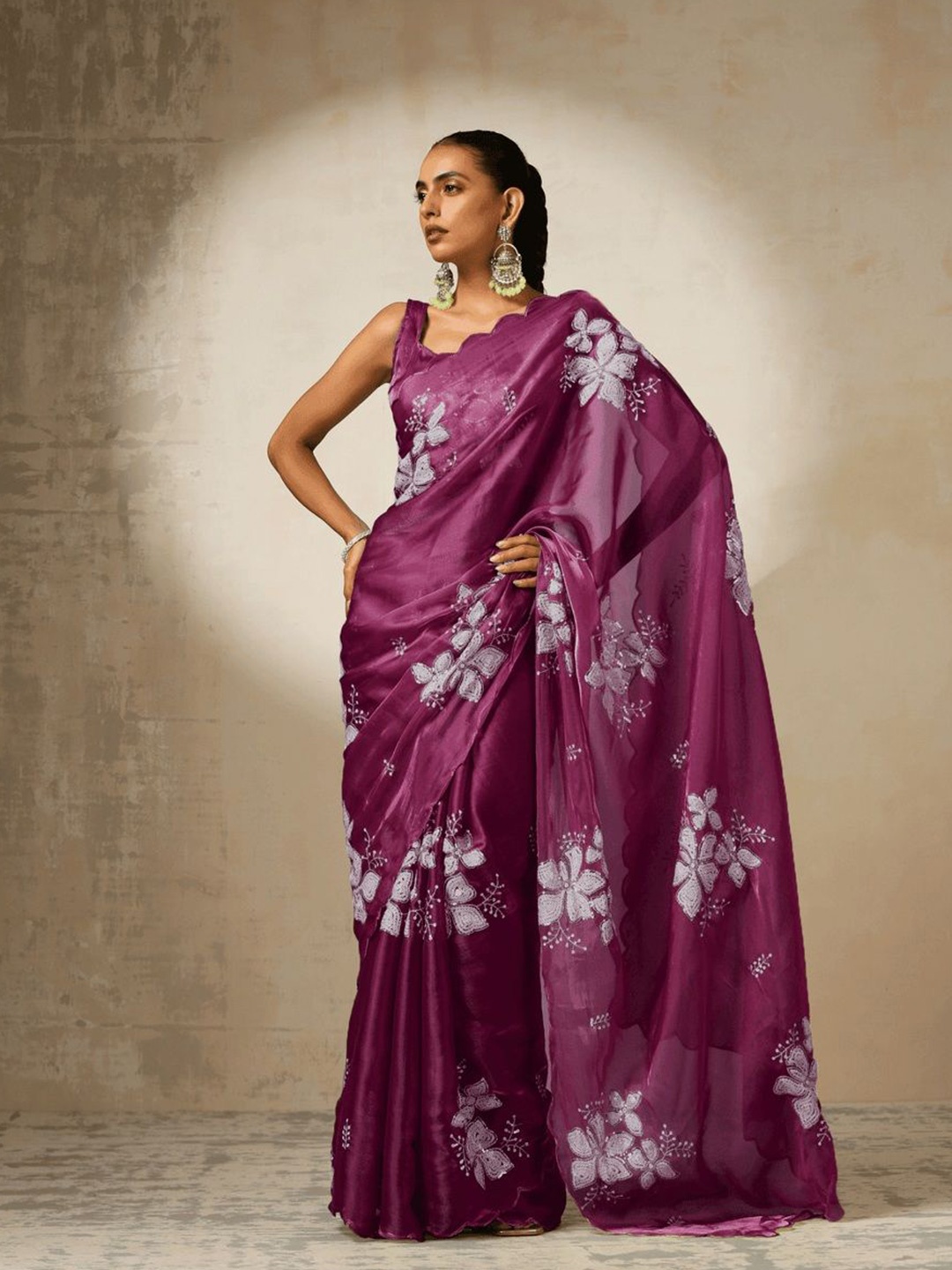 

JULEE Floral Embroidered Sequinned Jimmy Choo Organza Saree, Purple