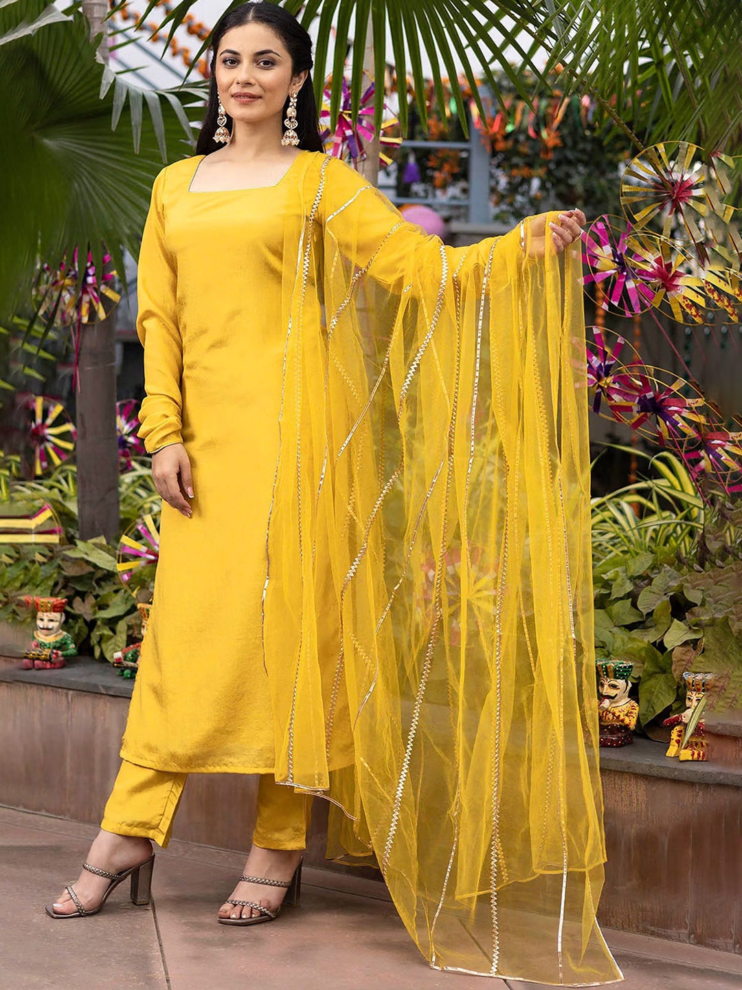 

Kedar Fab Square Neck Straight Kurta with Trousers & Dupatta, Yellow