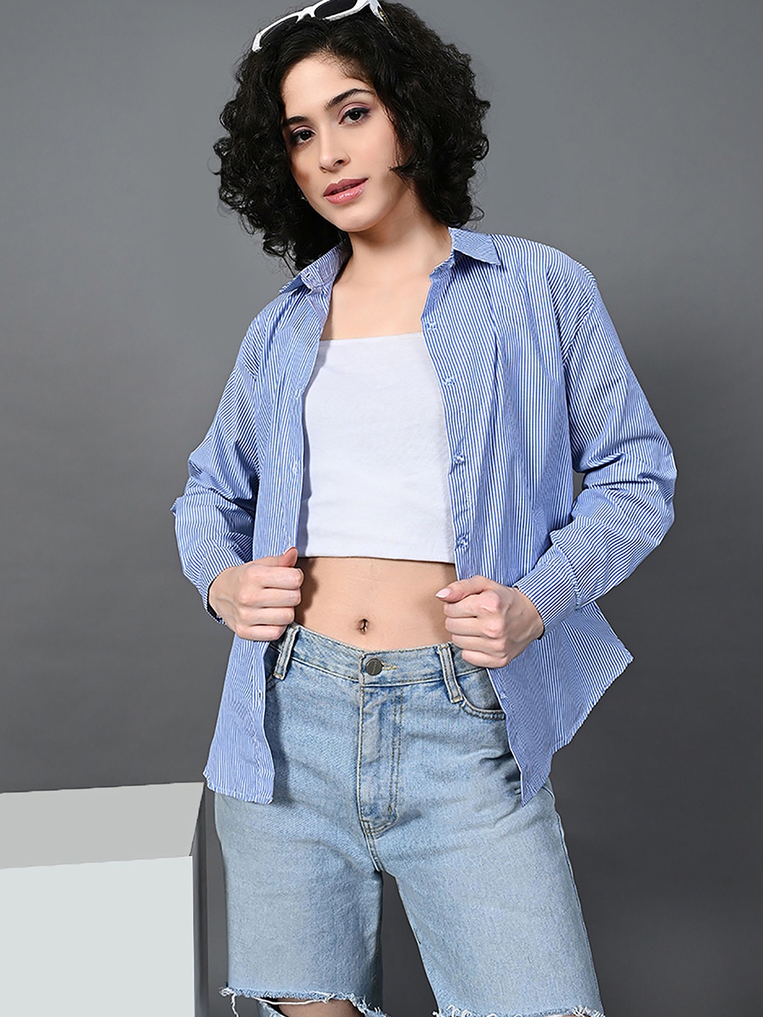

FUBACK Women Standard Cutaway Collar Vertical Striped Cotton Casual Shirt, Blue