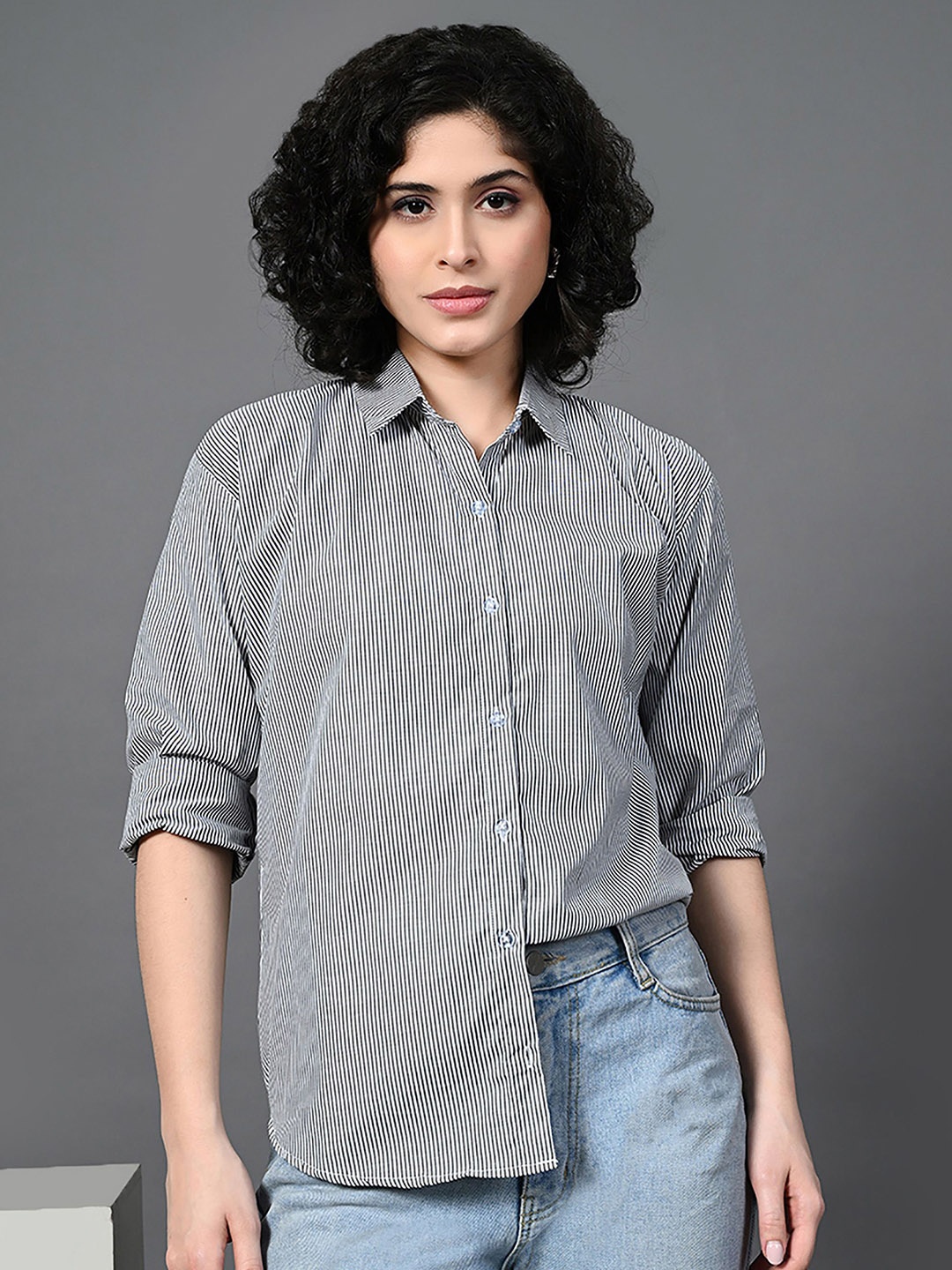 

FUBACK Women Standard Cutaway Collar Vertical Striped Cotton Casual Shirt, White