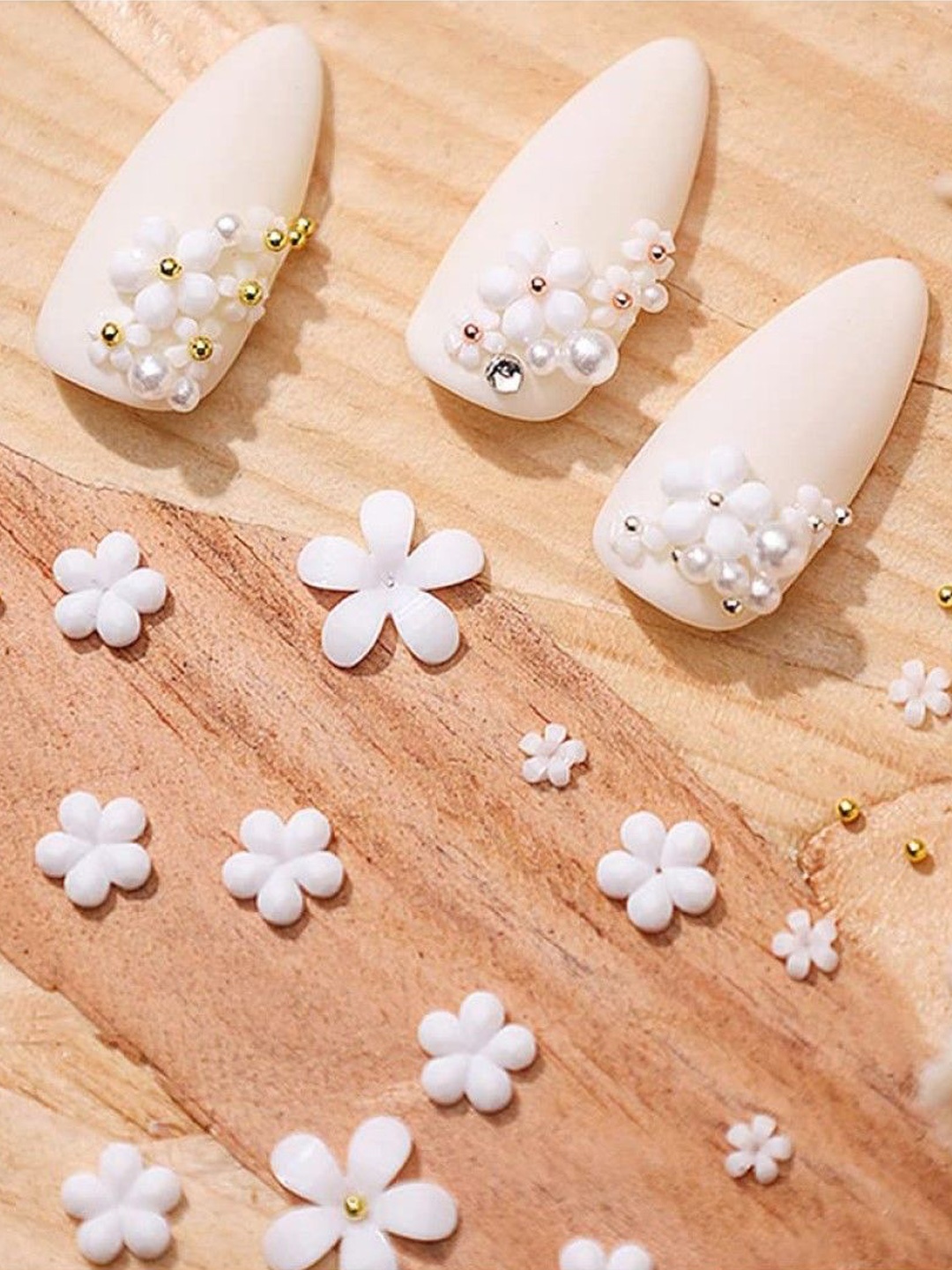 

Huda Girl Set Of 50 3D Flower Nail Charms Flowers With Silver-Colored Pearls - White