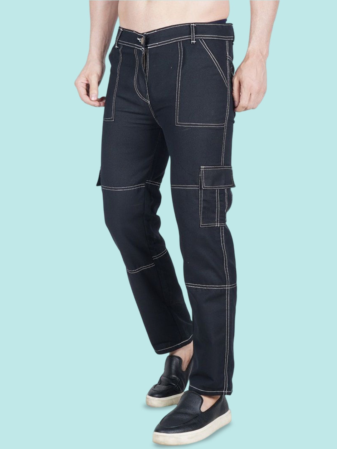 

LINARIA Men Classic Mid-Rise Tapered Fit Cargo Styles Jeans, Black