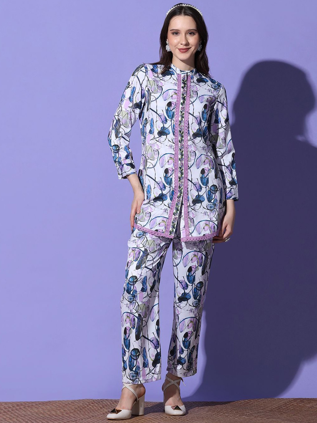 

FUTURO Mandarin Collar Printed Tunic & Trouser, Blue