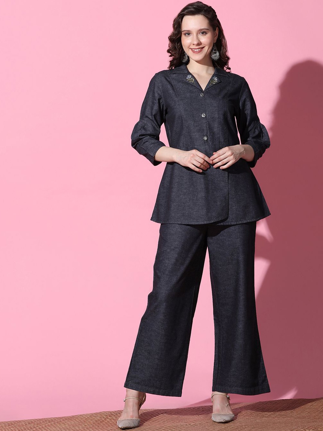 

FUTURO Shirt collar Pure Cotton Tunic With Trouser, Black