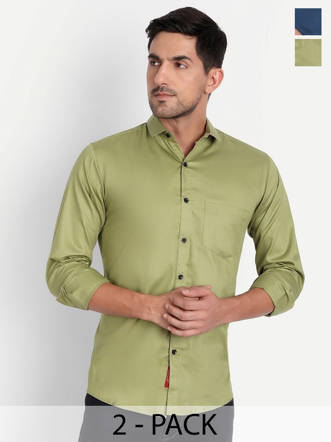 

Tanip Men Pack Of 2 Spread Collar Solid Cotton Casual Shirts, Green