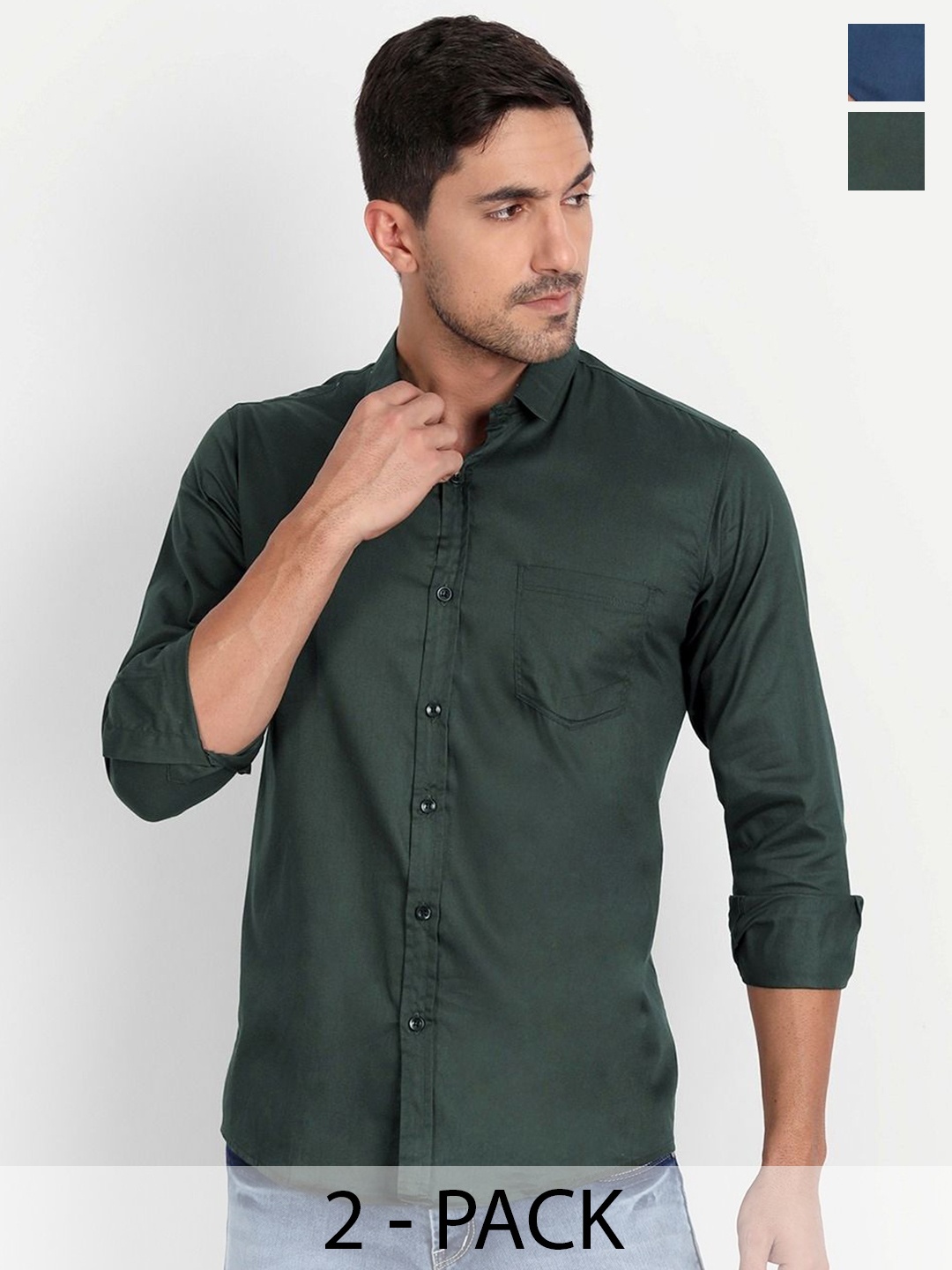 

Tanip Men Pack Of 2 Spread Collar Solid Cotton Casual Shirts, Olive
