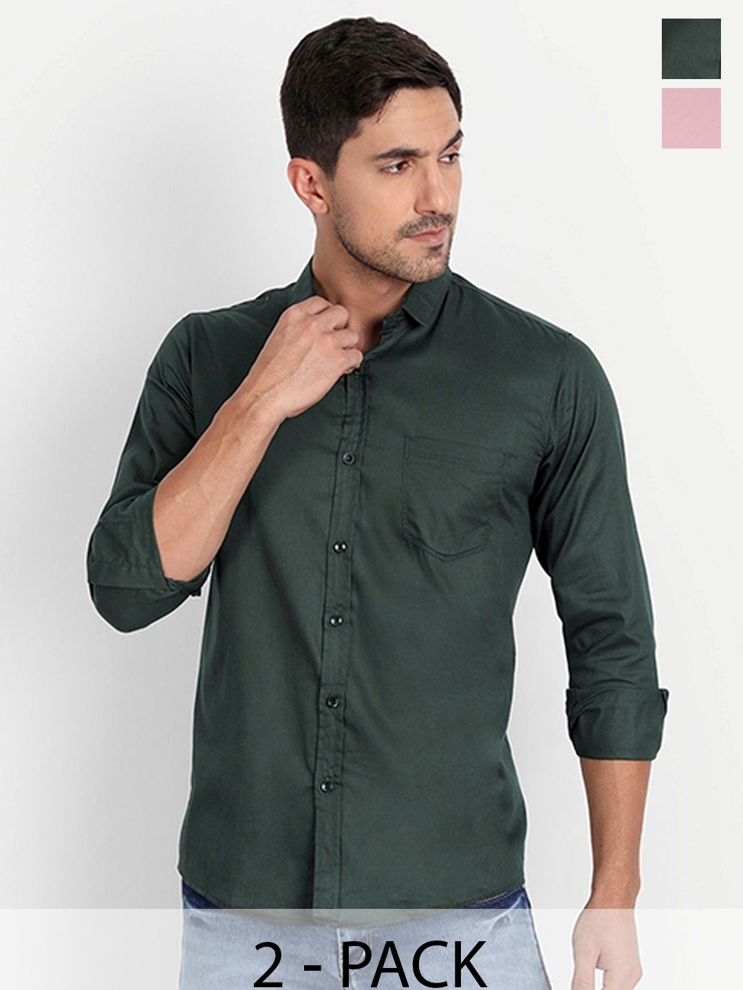 

Tanip Men Pack Of 2 Spread Collar Solid Cotton Casual Shirts, Green