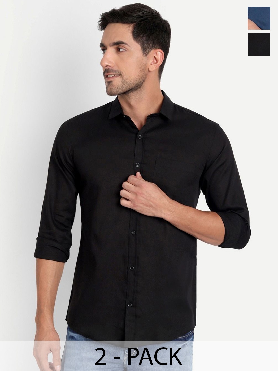 

Tanip Men Pack Of 2 Spread Collar Solid Cotton Casual Shirts, Black