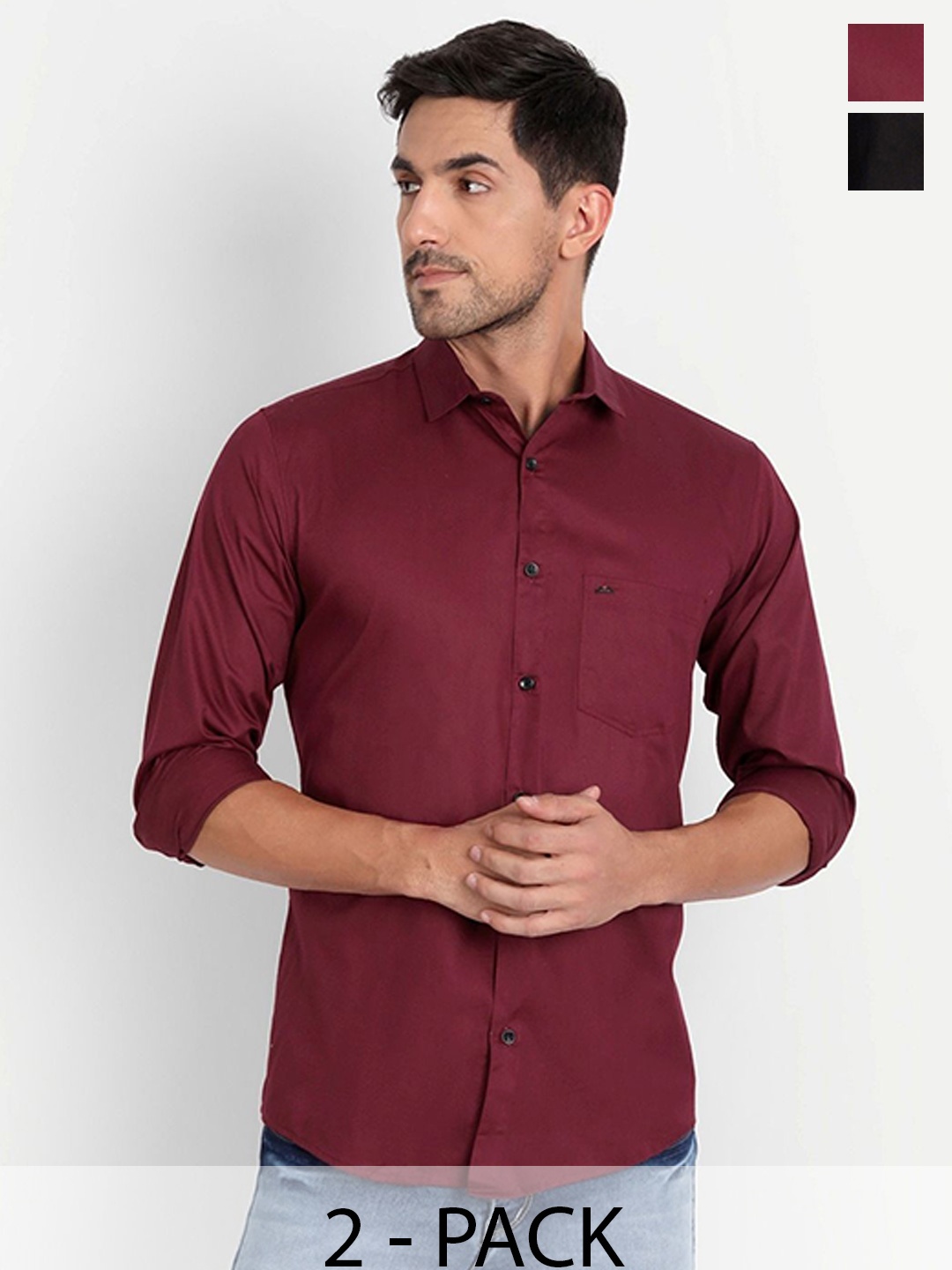 

Tanip Men Pack Of 2 Spread Collar Solid Cotton Casual Shirts, Maroon