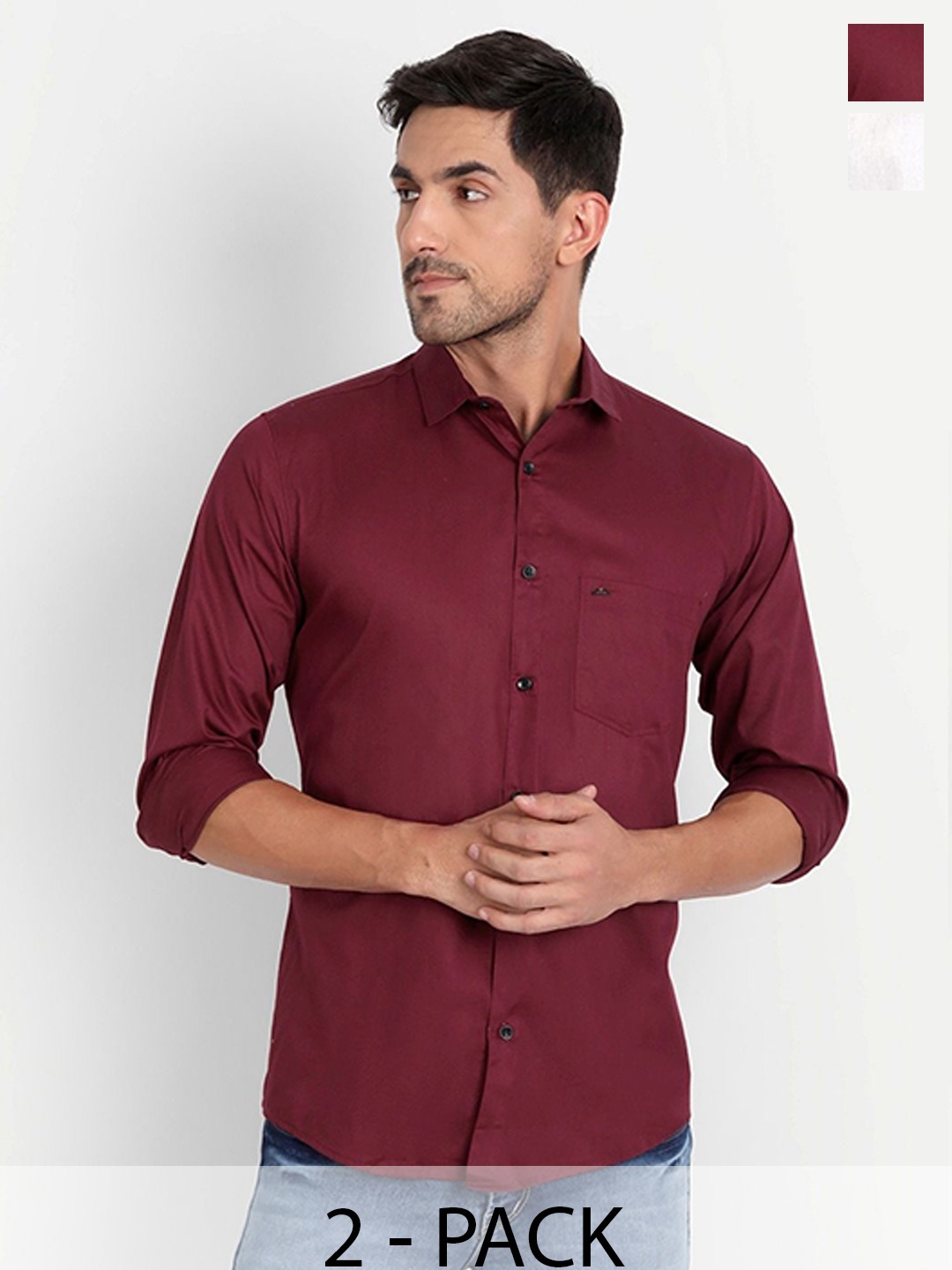 

Tanip Men Pack Of 2 Spread Collar Solid Cotton Casual Shirts, Maroon