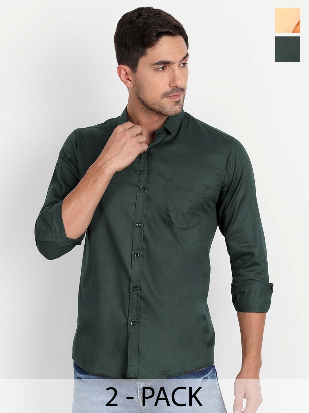 

Tanip Men Pack Of 2 Spread Collar Solid Cotton Casual Shirts, Olive